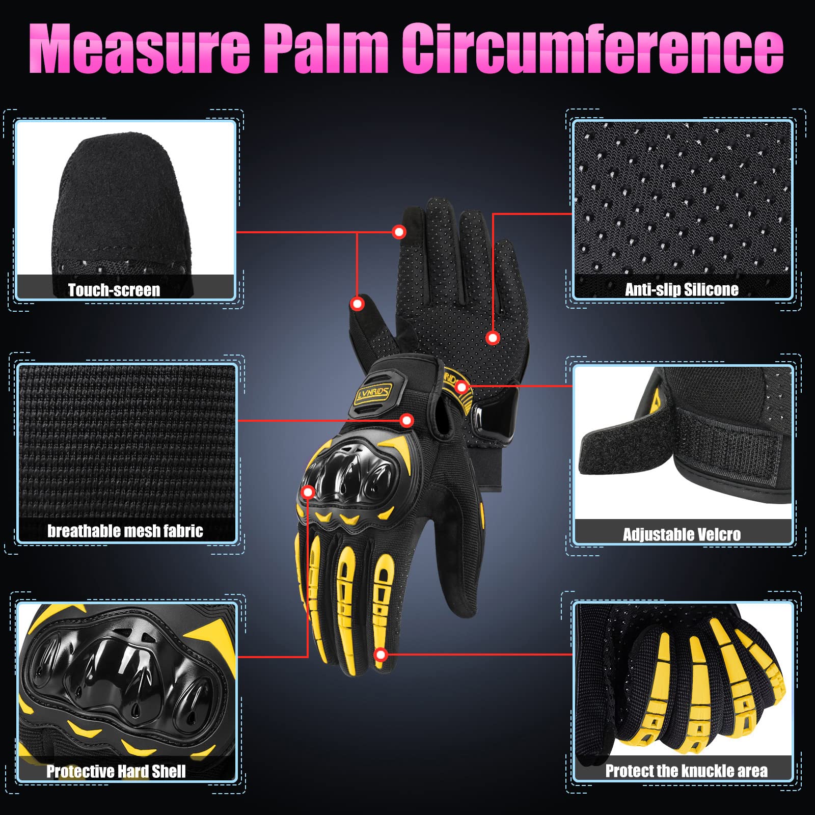 LVNRIDS Motorcycle Gloves for Men & Women, Full Finger Touchscreen, Large, Yellow, Model A030032-04-MCS-17B, Tactical Racing Gloves