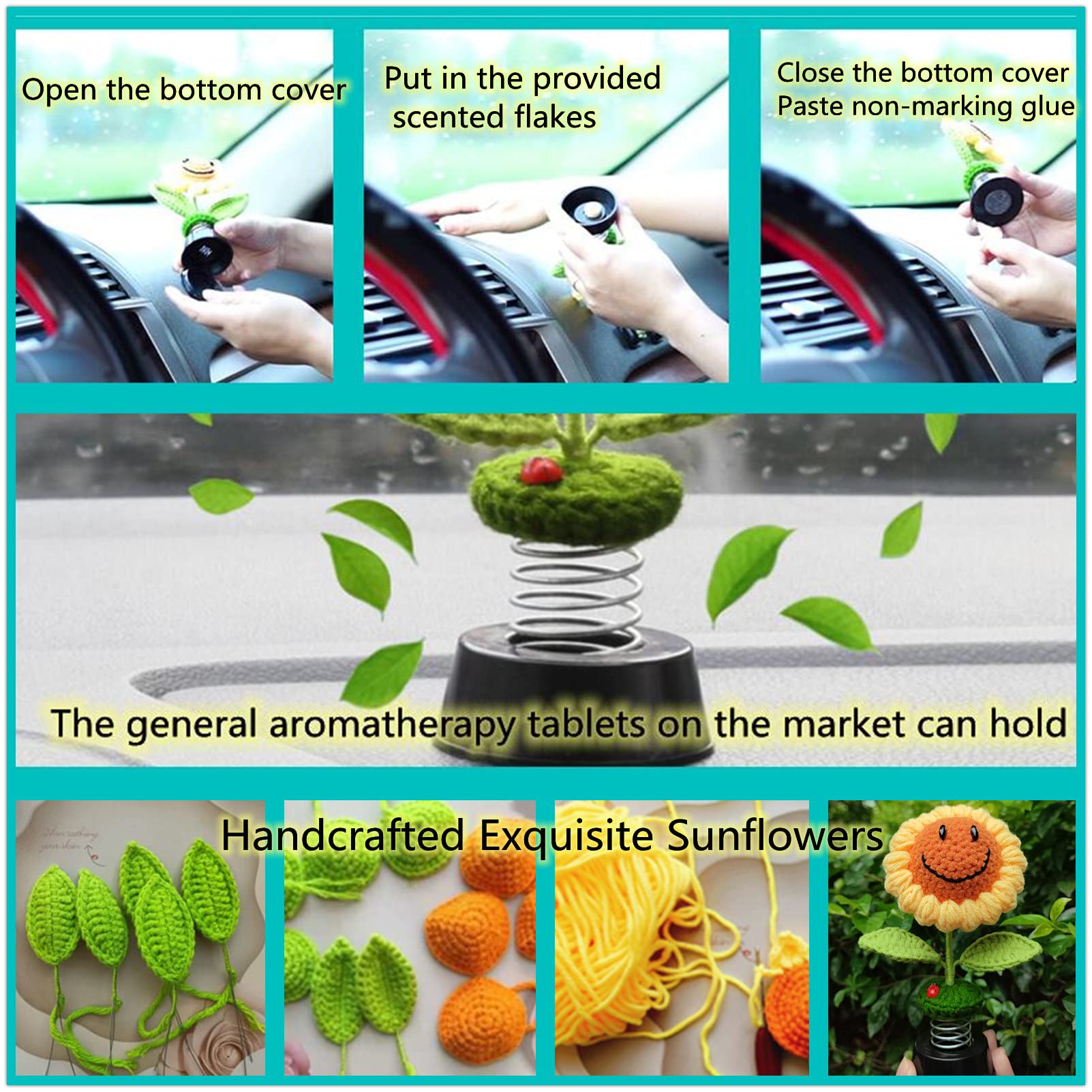 Levvohd Sunflower Car Dashboard Decorations, Dashboard Bobbleheads Knitted Flowers For Women Car Ornament Accessories (Handmade