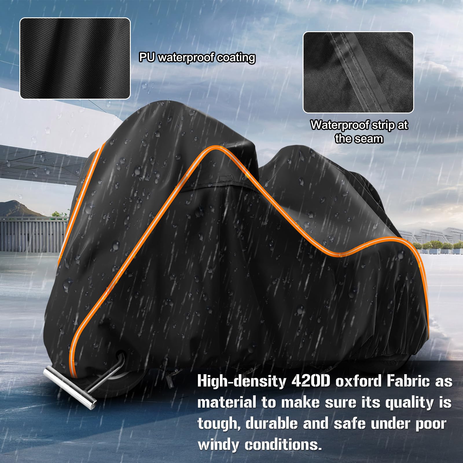 BIGACOVER 420D Motorcycle Cover for Trike Models - Heavy Duty Waterproof, Windproof, Black, Model XB304, with Antenna Openings & Heat Insulation