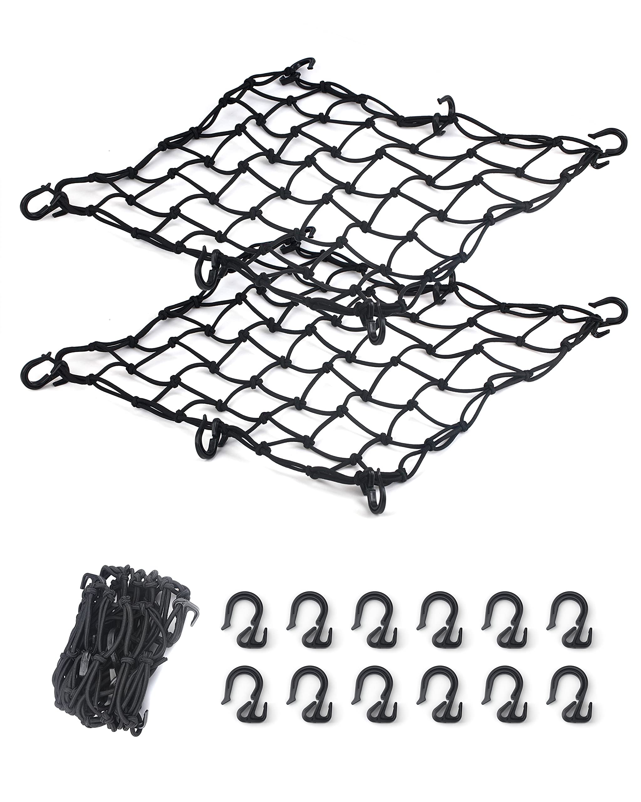 2 Pack Black Cargo Nets, Heavy Duty Latex 17''X17'' Bungee Net Stretches To 34''X34'', Gear Helmet Luggage Net With Tight 2.3''X
