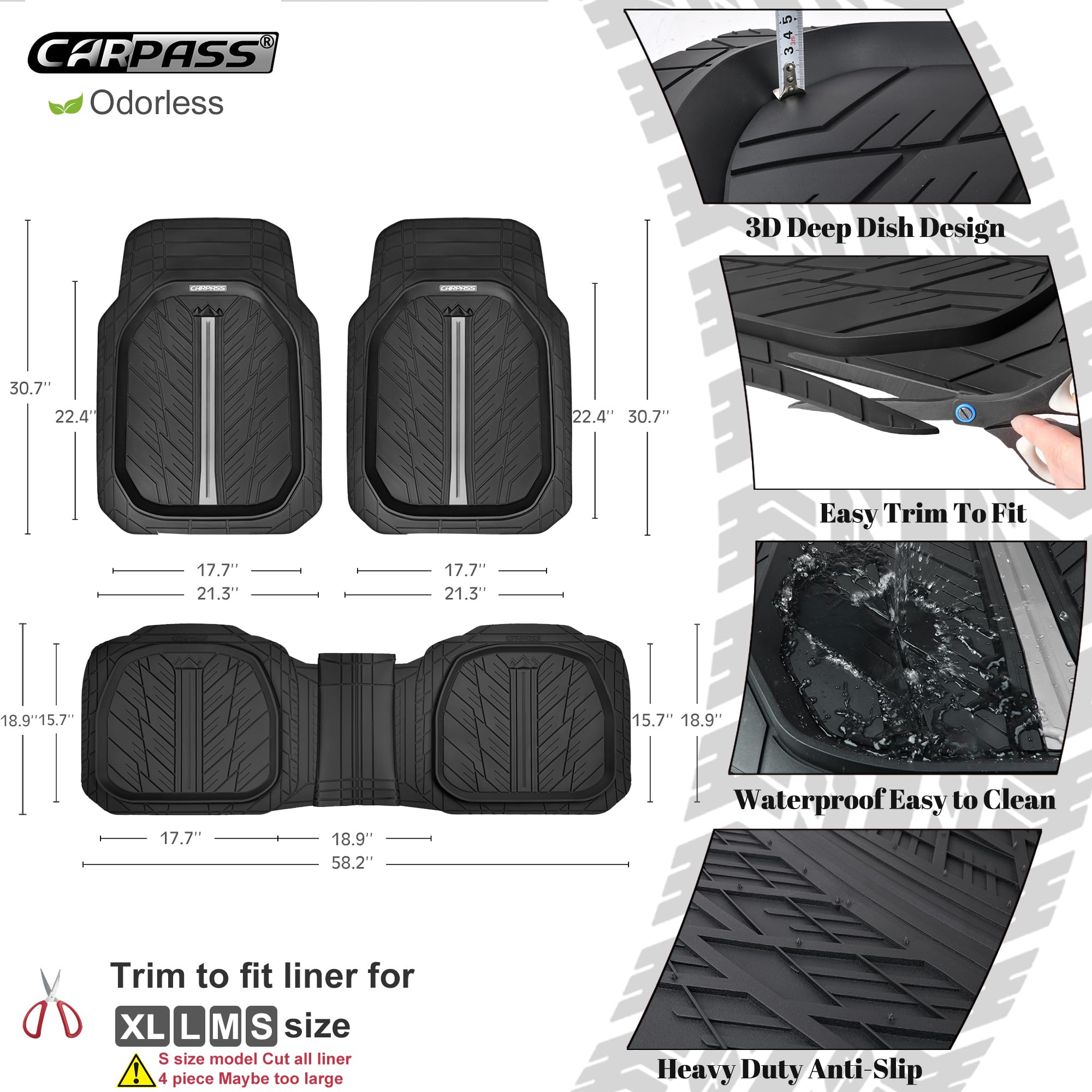 Car Pass Tire Tread Deepdish Rubber Floor Mats For Car Heavy Duty Car Mats All Weather, Universal Xl~M Trim To Fit For Truck Suv
