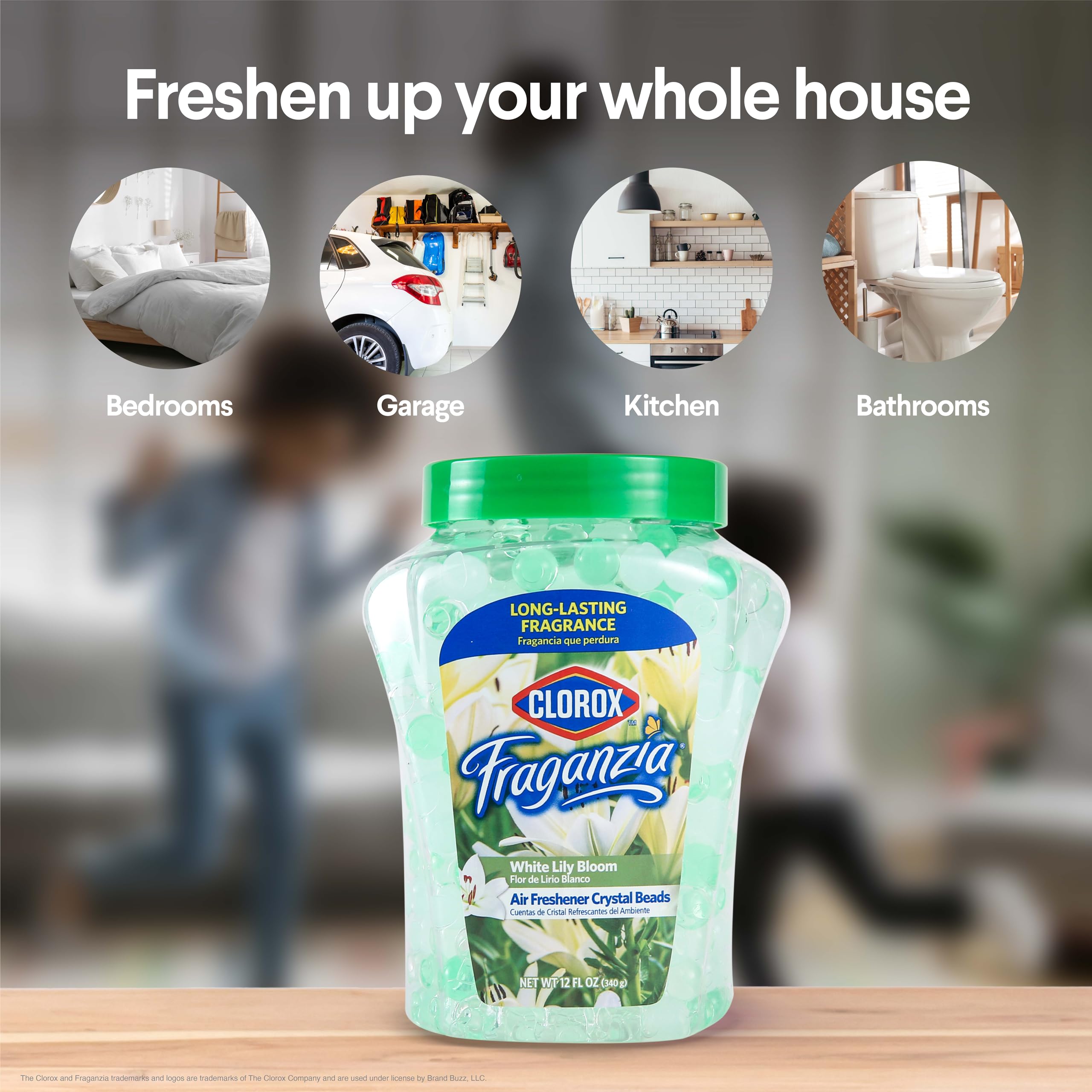 Clorox Fraganzia Crystal Beads Air Freshener, White Lily Bloom, 12 Fl Oz - Long-Lasting Odor Eliminator for Home, Car, or Office