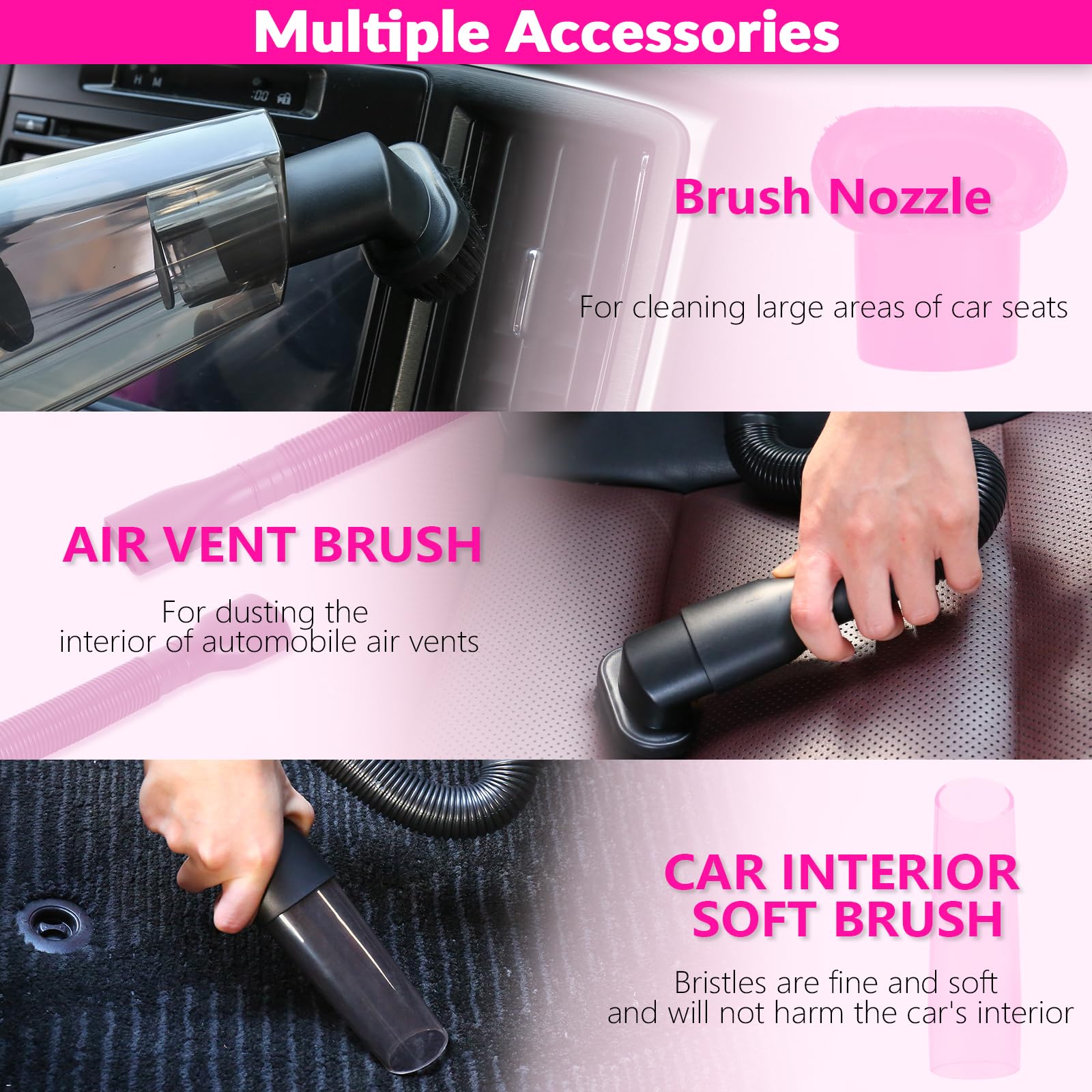 ThinkLearn Car Cleaning Kit - High Power Handheld Vacuum & 7Pcs Detailing Brushes - Pink Accessories for Women - Model TL1037