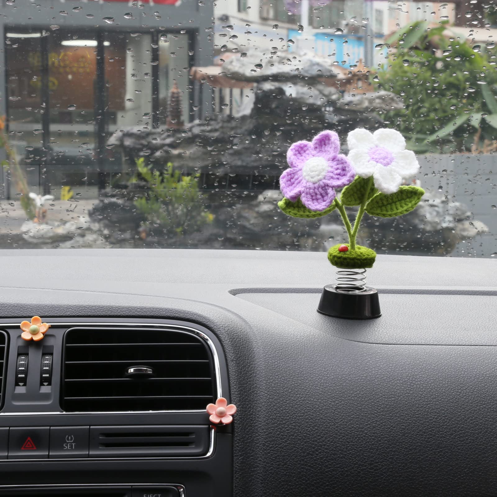 Levvohd Sun Flower Car Dashboard Decorations, Dashboard Bobbleheads Knitted Flowers for Women Car Ornament Accessories (Handmade