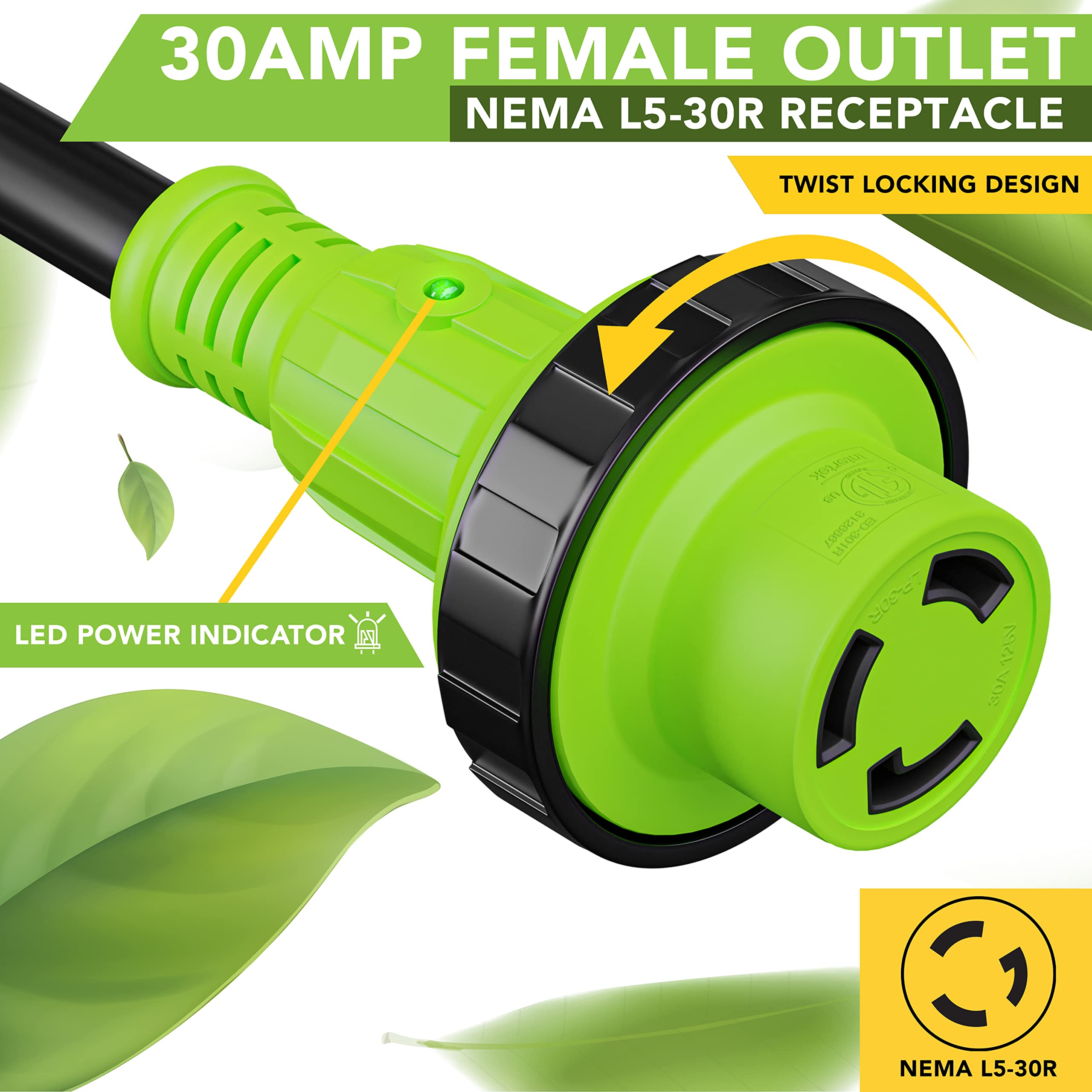 Leisure Cords 15 Foot Power/Extension Cord with 30 AMP Male Standard / 30 AMP Female Locking Adapter (30 Amp - 15 Foot)