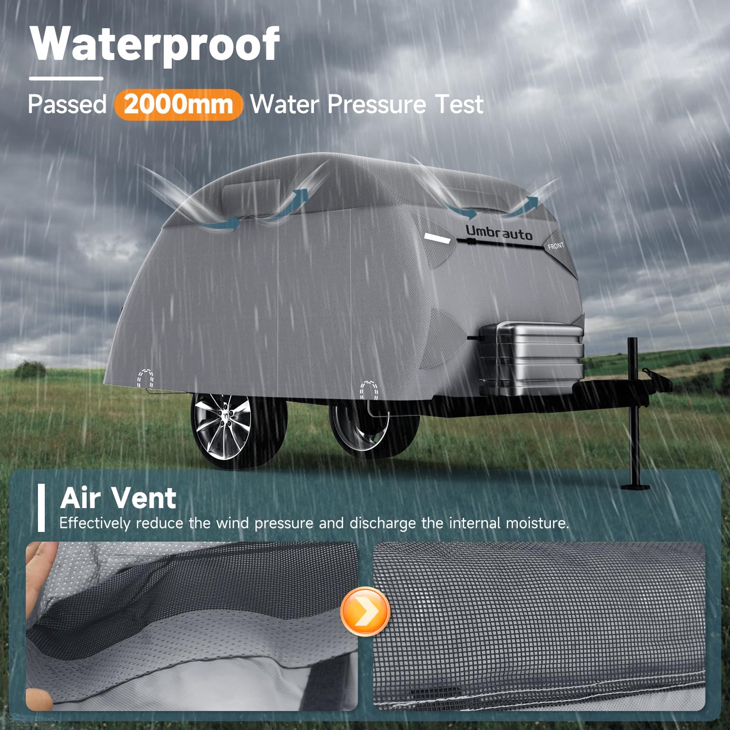 Umbrauto Teardrop Travel Trailer Cover Fits 8'-10' Trailers, 7 Layers Top Heavy Duty Waterproof Camper Cover With Windproof Stra