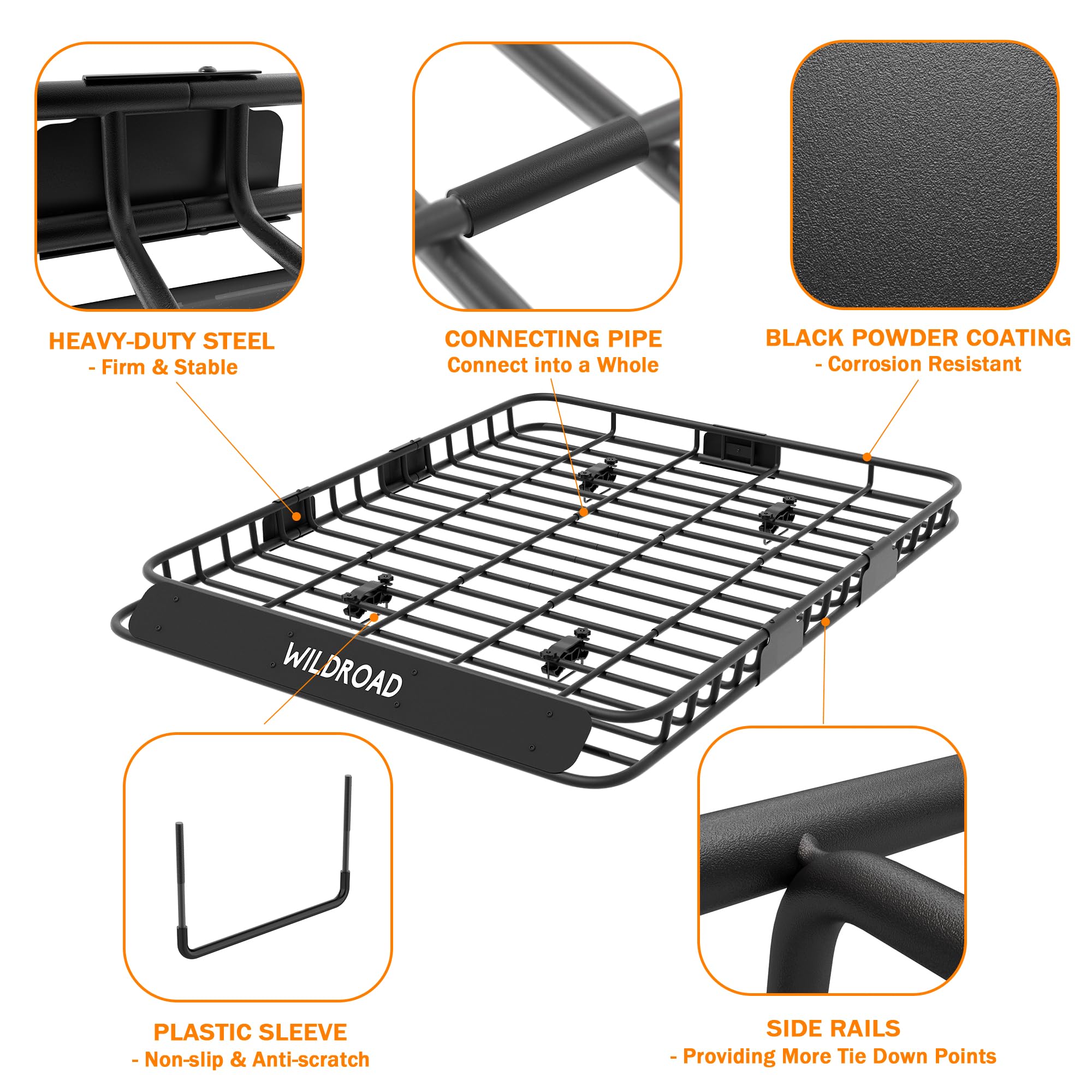 Wildroad Roof Rack Cargo Basket, 64" x 50" Alloy Steel Carrier with Bungee Net & Straps, Model WR-64+NET, Fits SUV/Truck