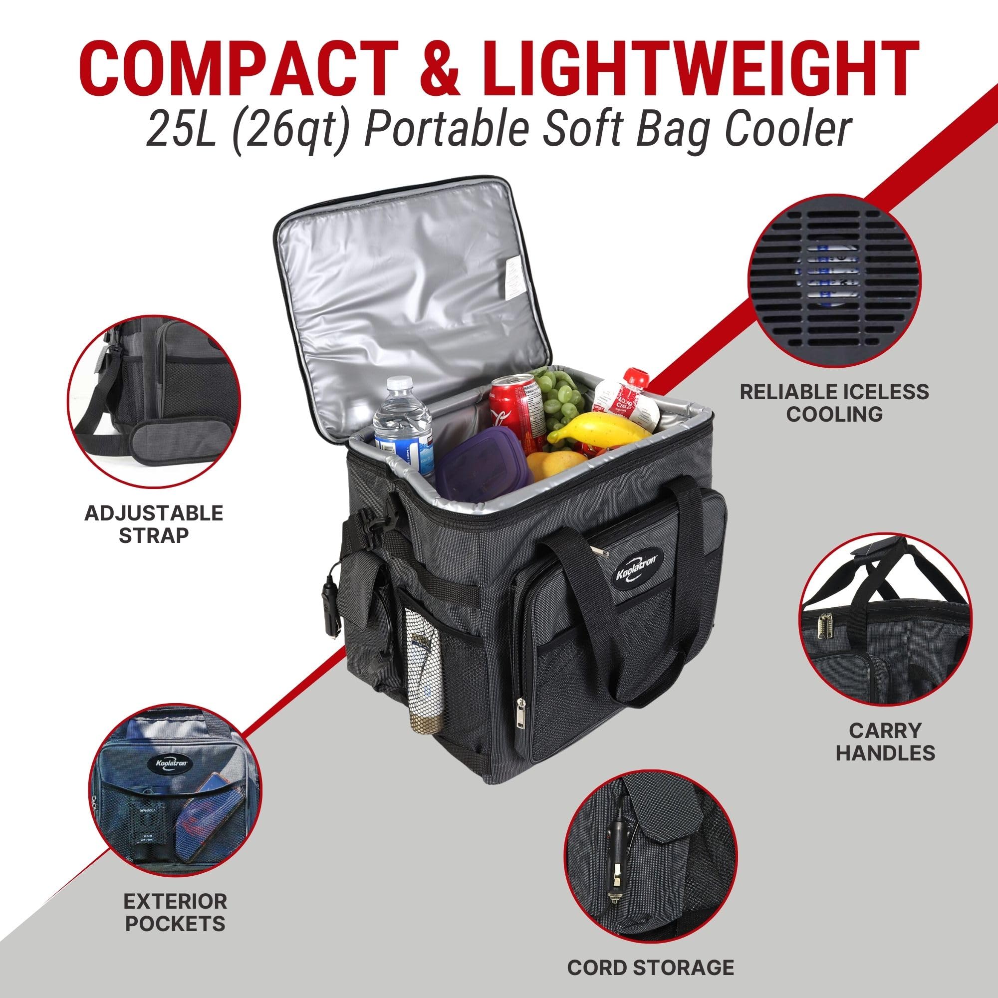 Koolatron 12V Electric Cooler Bag - 25L Portable Thermoelectric Fridge, Soft-Sided, Black, Model D25 AZ for Camping & Travel
