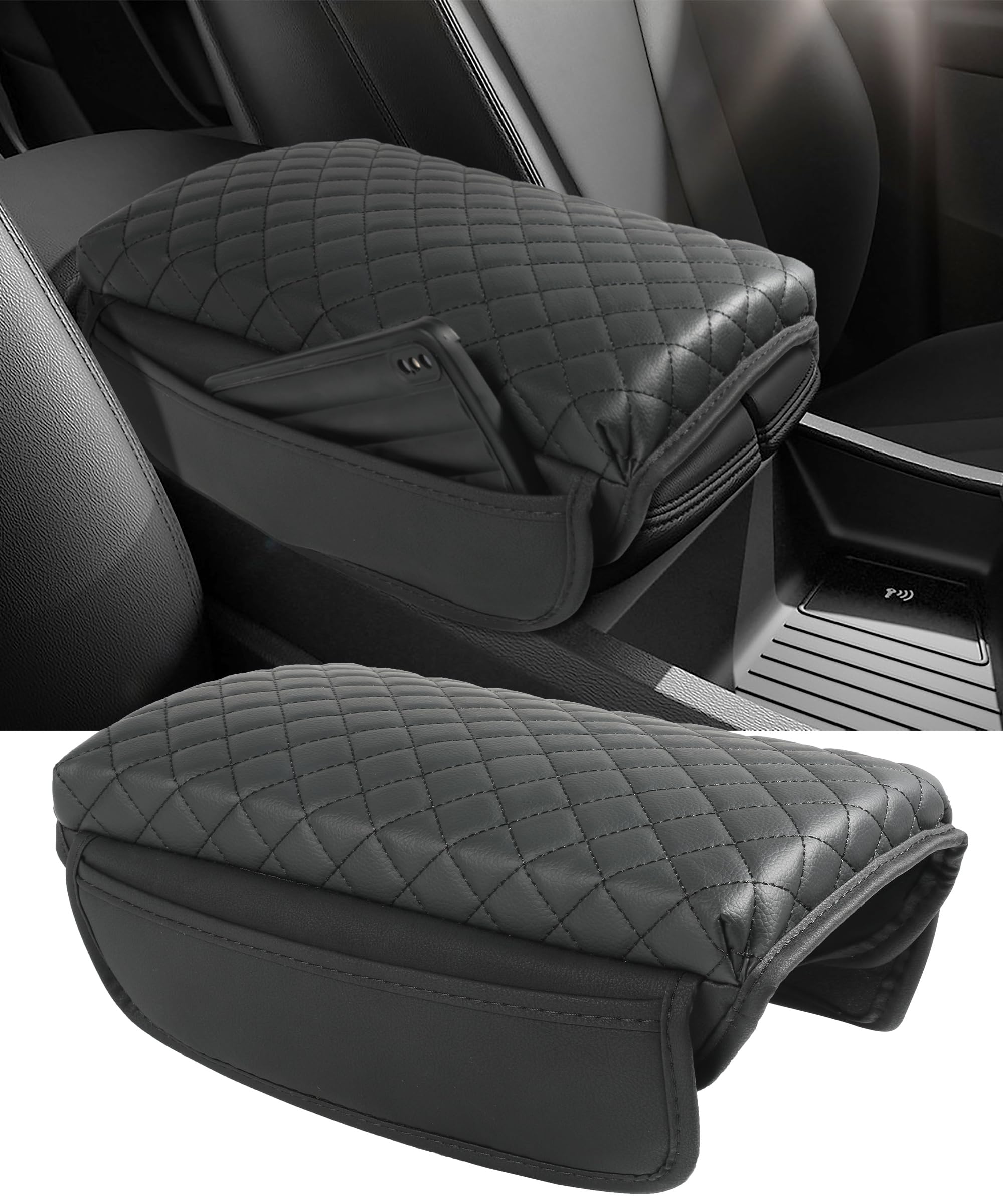 Zlirfy Carbon Fiber Leather Armrest Cover For Car,Auto Center Console Pad With Organizer Pockets,Car Armrest Cover,Car Accessori