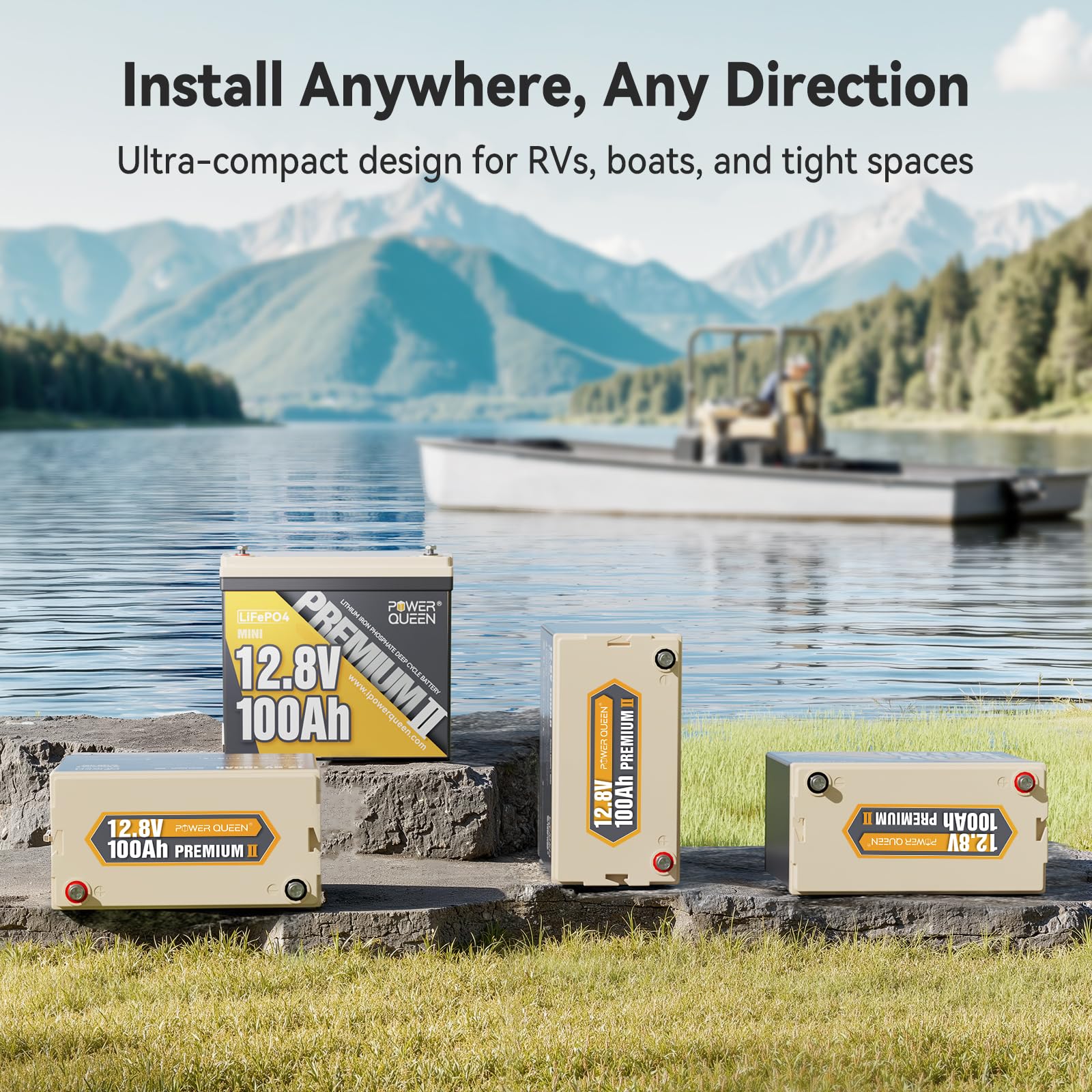 Power Queen 12V 100Ah Mini LiFePO4 Lithium Deep Cycle Battery, 100A BMS, 15000 Cycles for RV, Solar, Trolling Motor & Camping