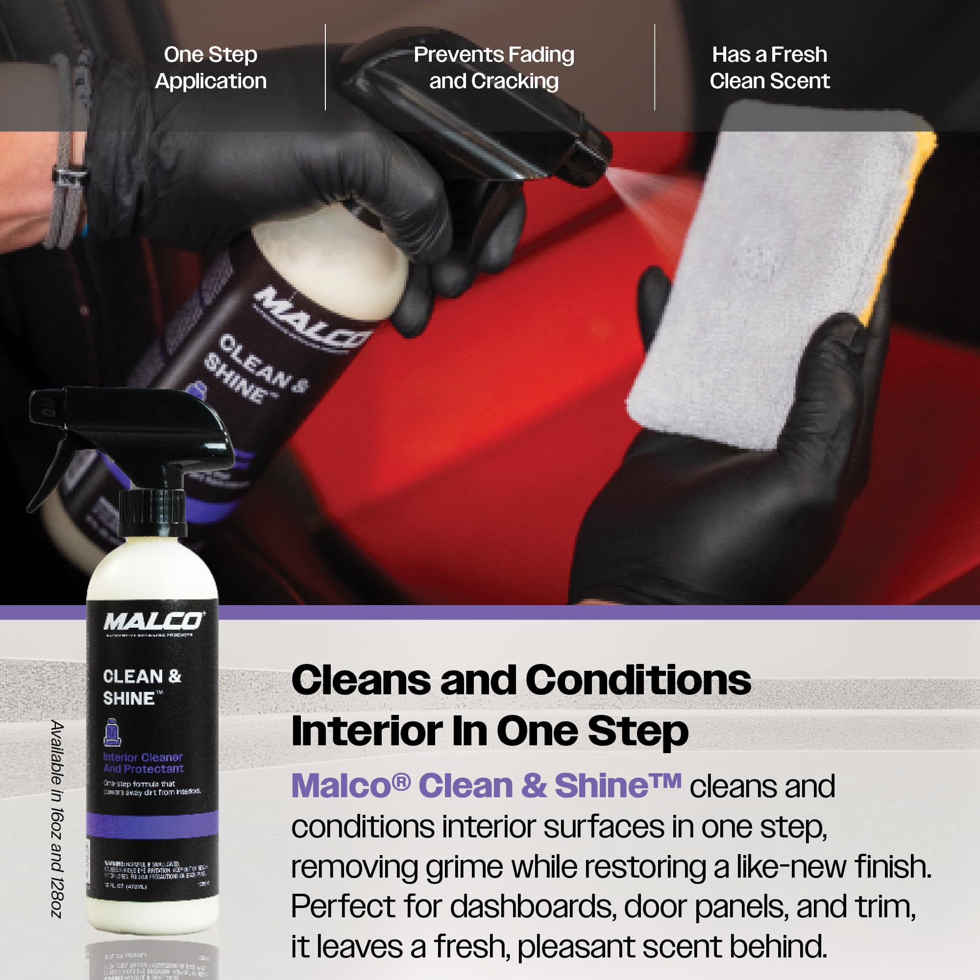 Malco Clean & Shine Interior Car Cleaner And Dressing – Restore Leather, Plastic And Vinyl Surfaces In Your Vehicle/Clean, Condition And Protect In 1 Simple Step / 1 Gallon (125901)