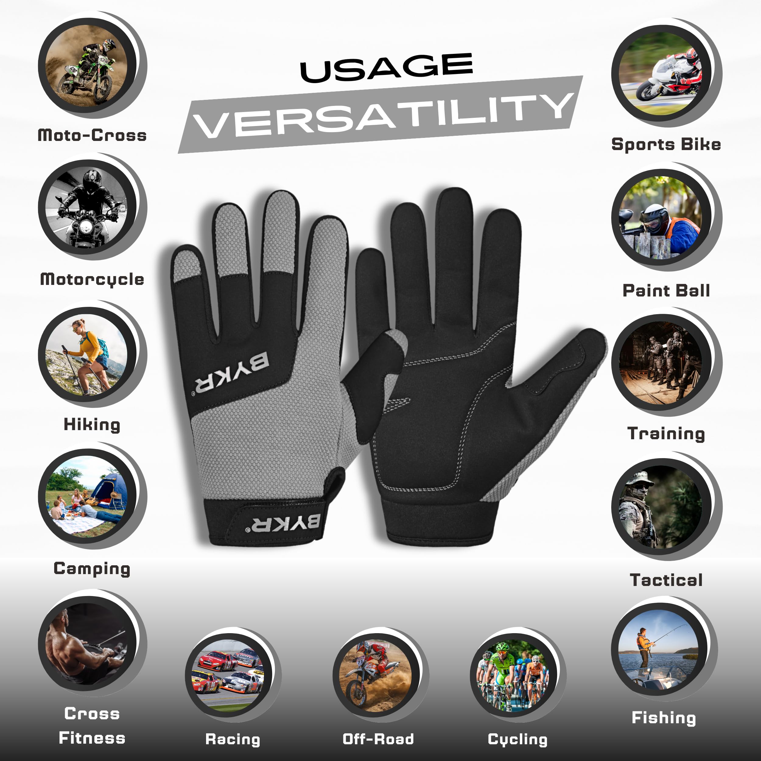 Bykr All-Weather Motorcycle Gloves For Men & Women - Protection For Dirt Bike, Bmx, Mx, And Atv Riding - Grey M