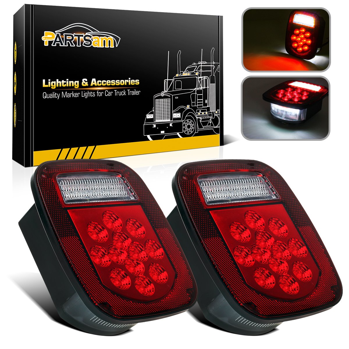 Partsam 2X Red/White 39 Led Stop Turn Tail Stud Lights Replacement For Jeep Cj Yj Jk Truck Trailer Boat Rv, Hardwired