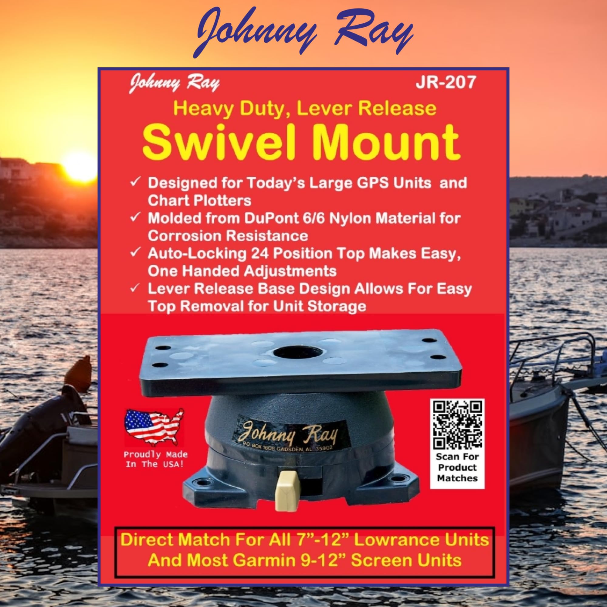 Johnny Ray Jr-207 Marine 1.25 By 5.5-Inches Top Lever Release Portable Sonar Swivel Mount, Black Finish
