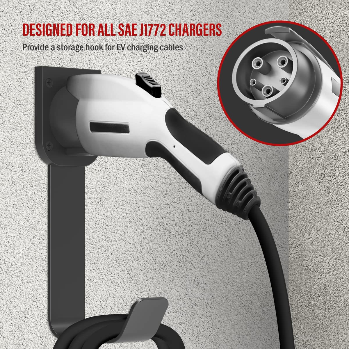 ENERLITES EV Charger Holder - Heavy-Duty Steel Hook for SAE J1772 Connector - Black - Model 25353 - Indoor/Outdoor Use