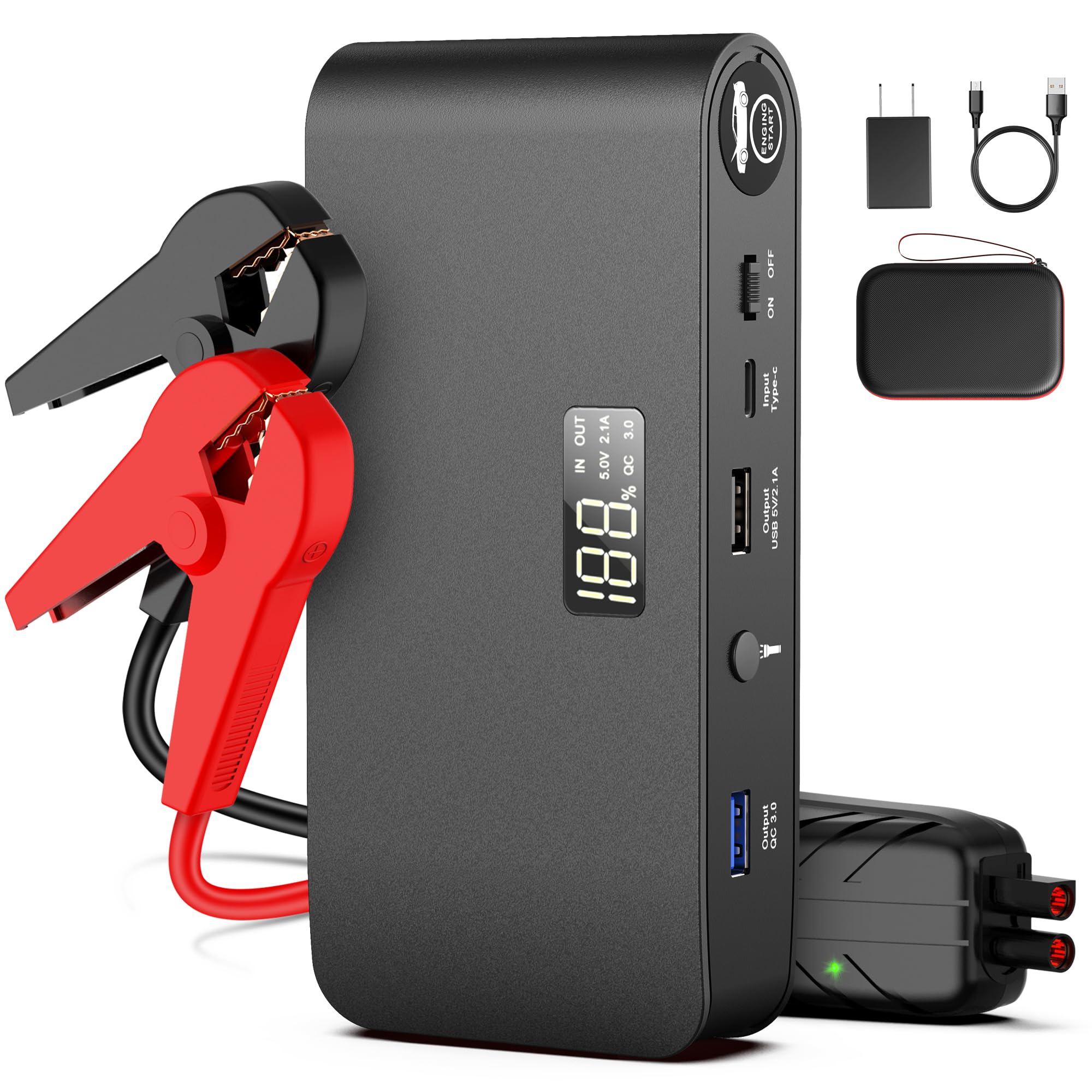 1600A Battery Jump Starter 16000Mah Jump Pack 12V With Jumper Cables, Portable Battery Booster With Usb Qc 3.0 Wall Charger For 