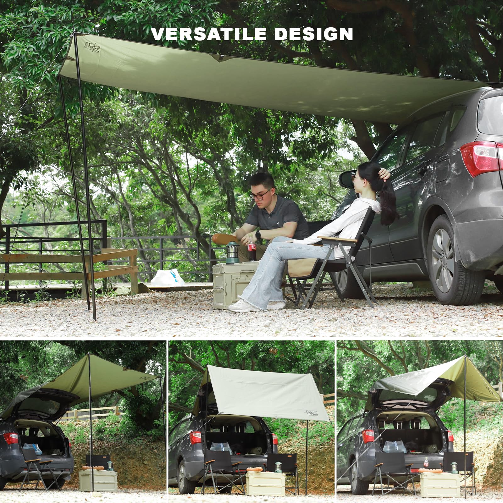 FEIWOOD GEAR Portable Car Awning - Waterproof UV50+ 10x5.6ft Dark Green for SUVs & Vans