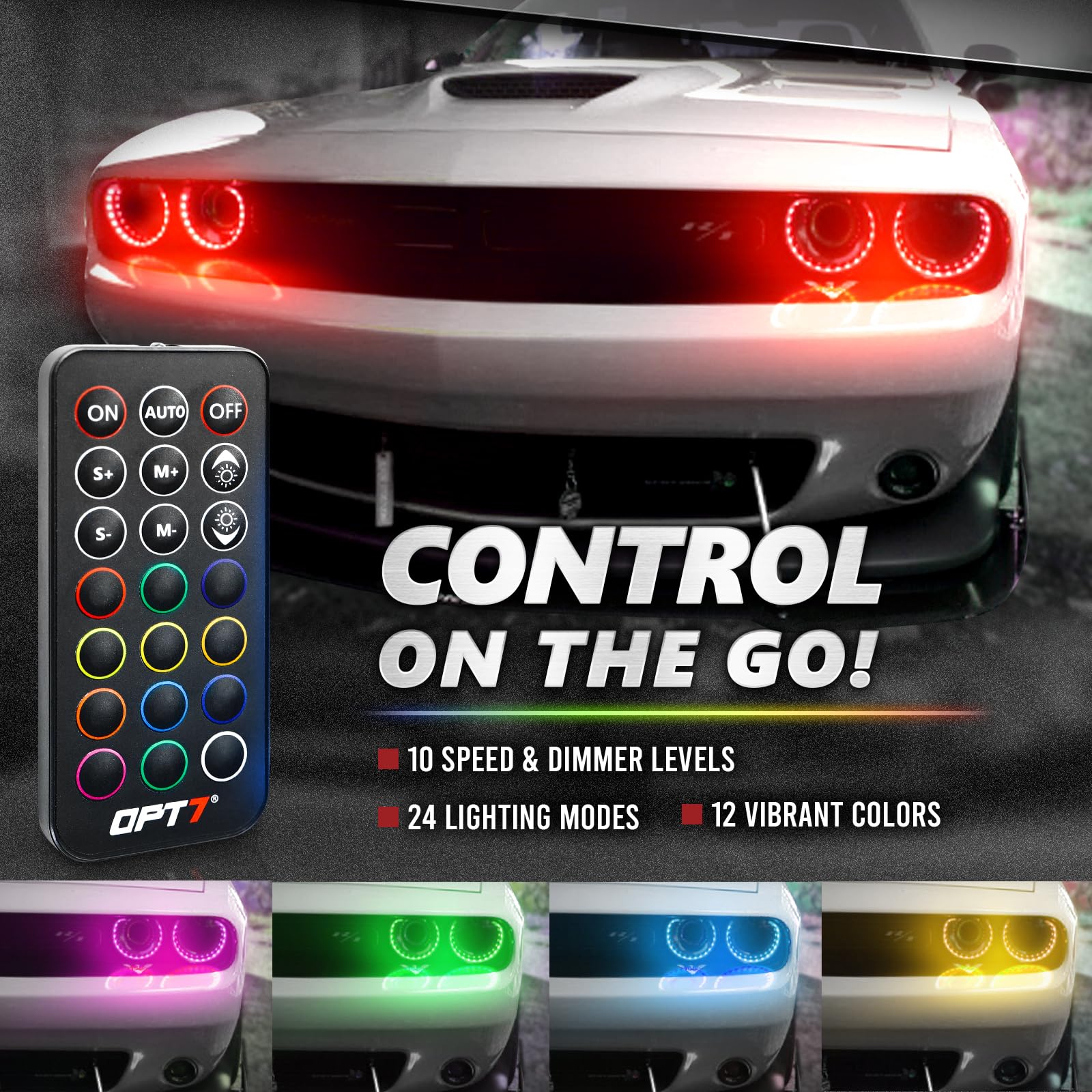 OPT7 Aura Pro Halo Light DRL for 2008-2023 Dodge Challenger, Bluetooth Control, RGB LED, Easy Installation