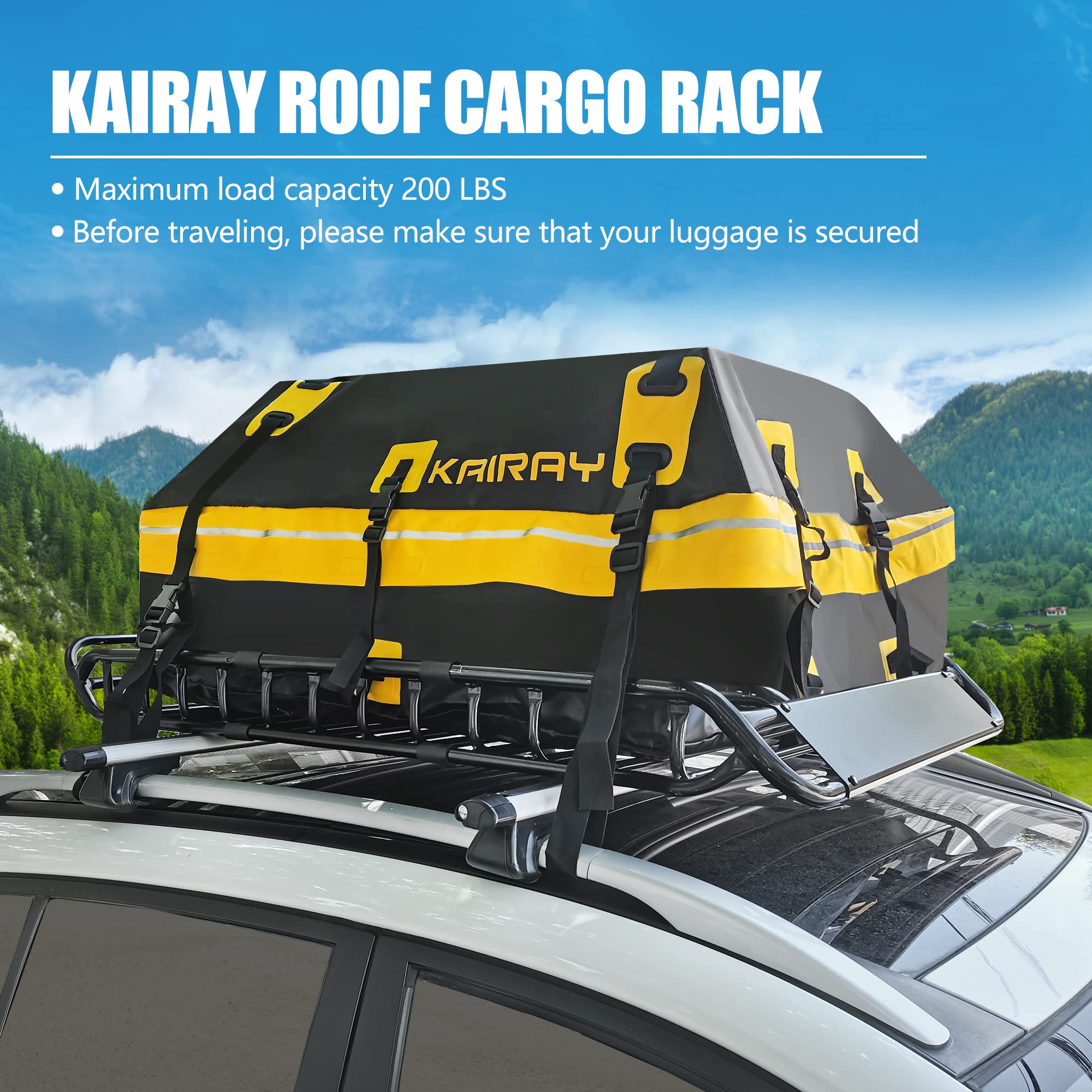 KAIRAY Roof Rack Cargo Basket - 50"x36"x5.1" Alloy Steel, Black, Extendable with Waterproof Bag, Ratchet Straps, Model HY1004-A