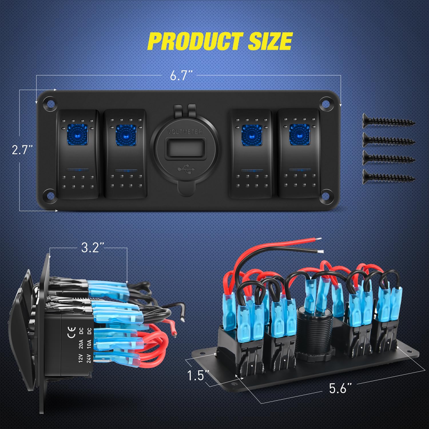 Nilight 4 Gang Rocker Switch Panel with USB Charger & Voltmeter, Waterproof, Aluminum, Type C + USB Blue, Model 90431B