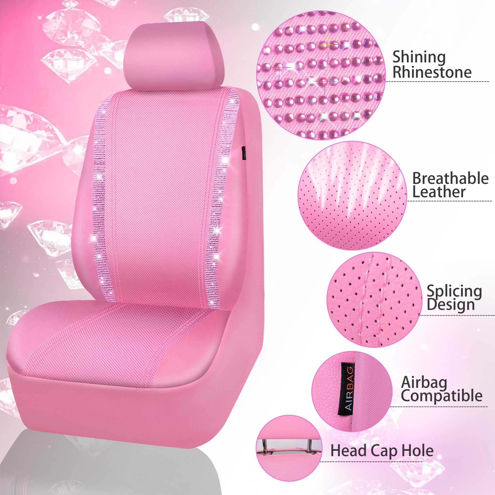 CAR PASS Bling Car Seat Covers Full Set, Pink Faux Leather, Waterproof, Universal Fit, Model zt-003L5-PK1QZ-PULB5NH22G