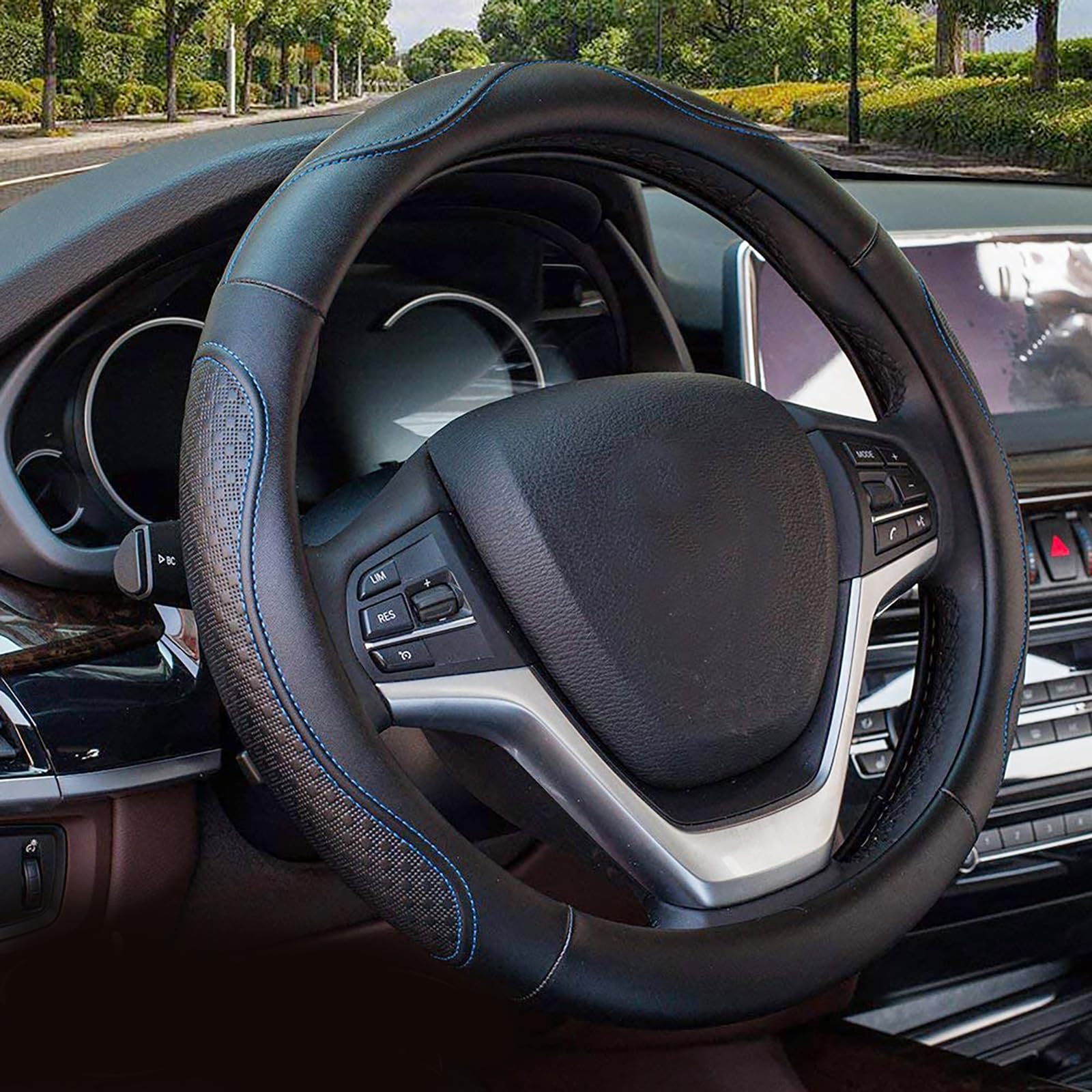 Valleycomfy Leather Steering Wheel Covers Universal 15.75 Inch -Breathable, Anti Slip & Odor Free (Black With Blue Lines,L(15''