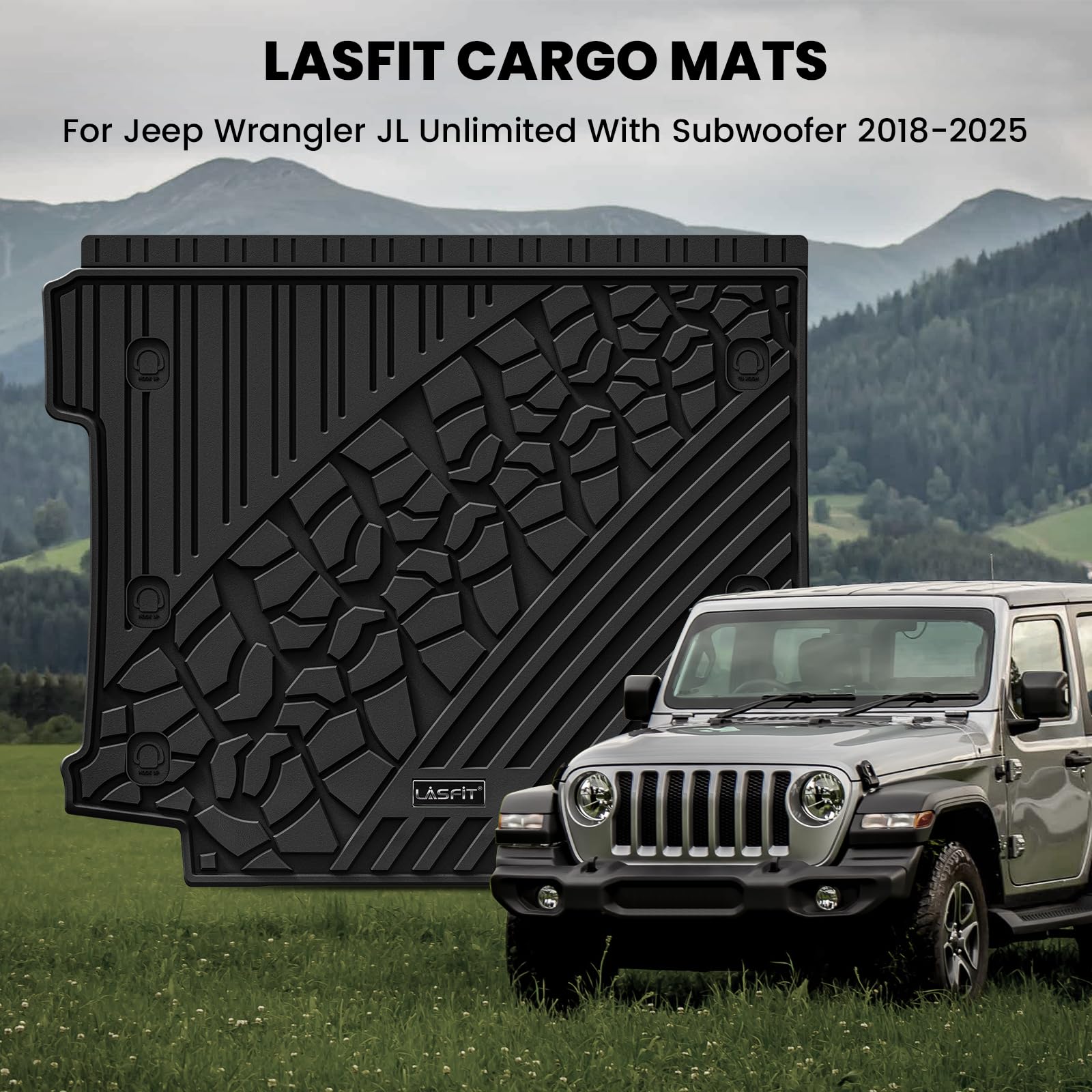 LASFIT Trunk Mat for Jeep Wrangler JL 2018-2025, All Weather TPE, Black, Cargo Liner with Subwoofer, Model LL-JE06HB