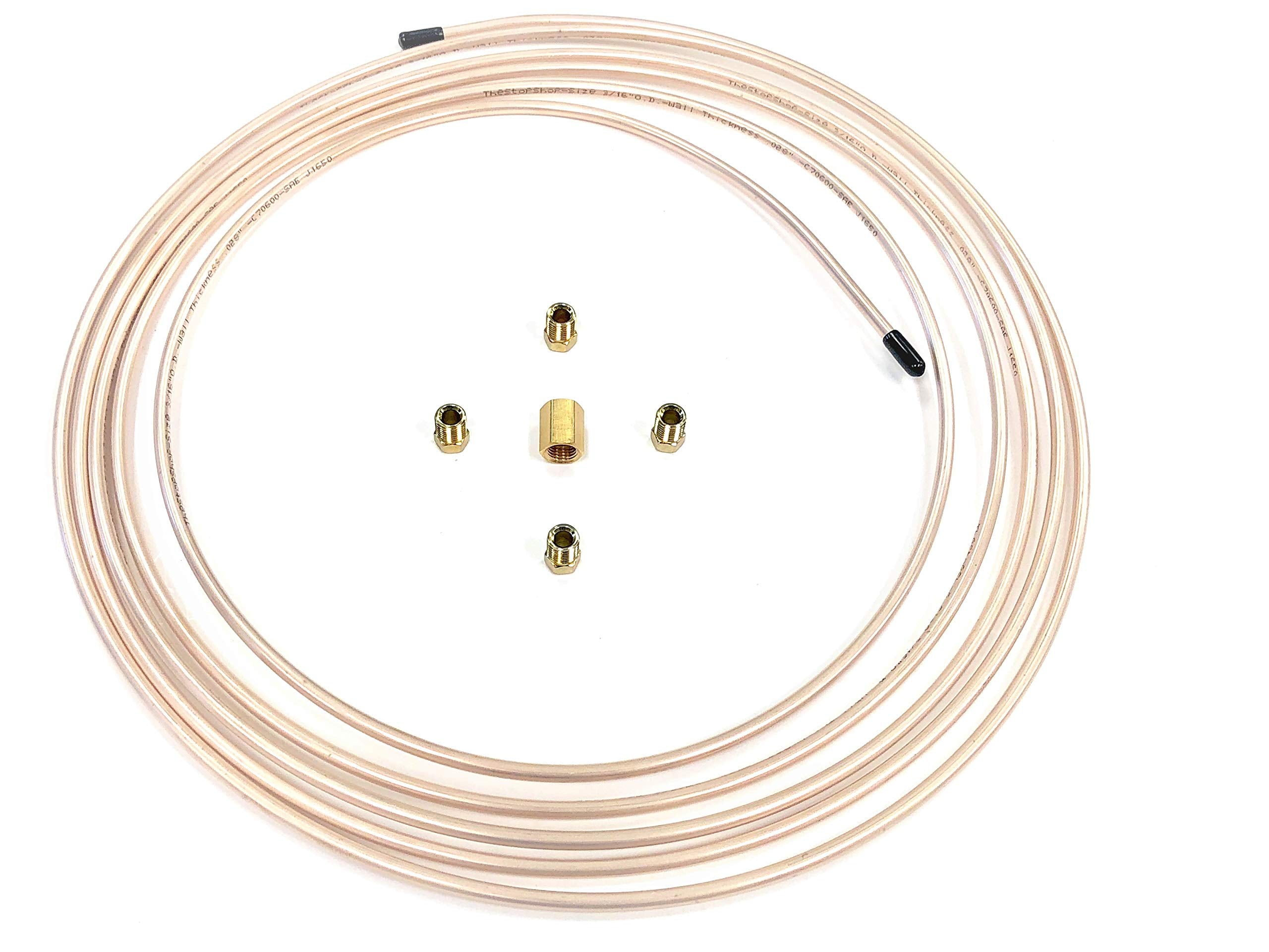 The Stop Shop 15 Ft Roll Of 3/16'' (.028'' Wall) Copper/Cupronickel Brake Line Tubing With Fittings & Union