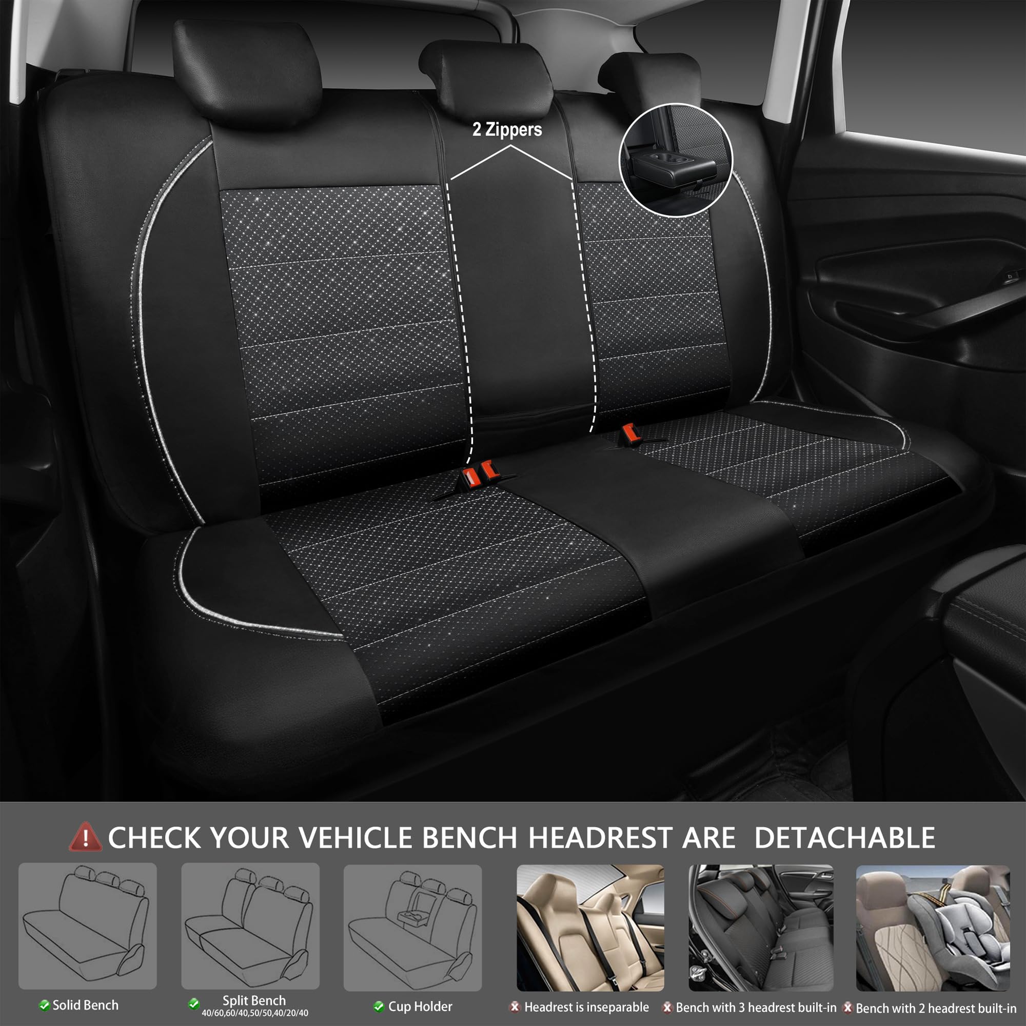 Car Pass Piping Pu Leather Car Seat Cover Full Set, Inside Zipper Design And Reserved Opening Holes, Airbag Compatible,Universal