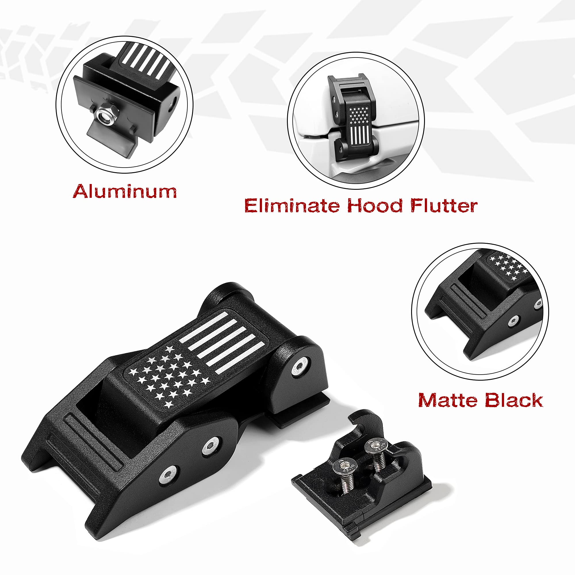 SEVEN SPARTA Aluminum Hood Latches for Jeep Wrangler JK/JL/Gladiator, 9.84" x 6.69", Black, 1 Pair with American Flag Design