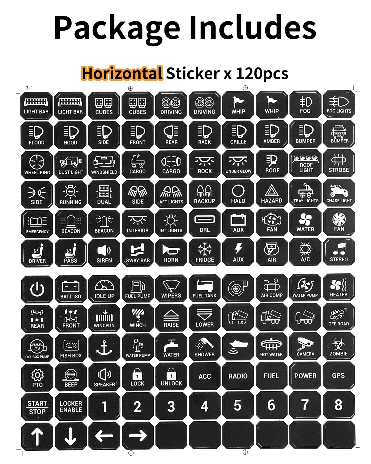 Auxbeam 120Pcs Switch Panel Sticker, Switch Label Kit for Auxbeam Switch Panel BA80, GA80, BB80, GB80, BC60, GC60, AR-800, AR-82