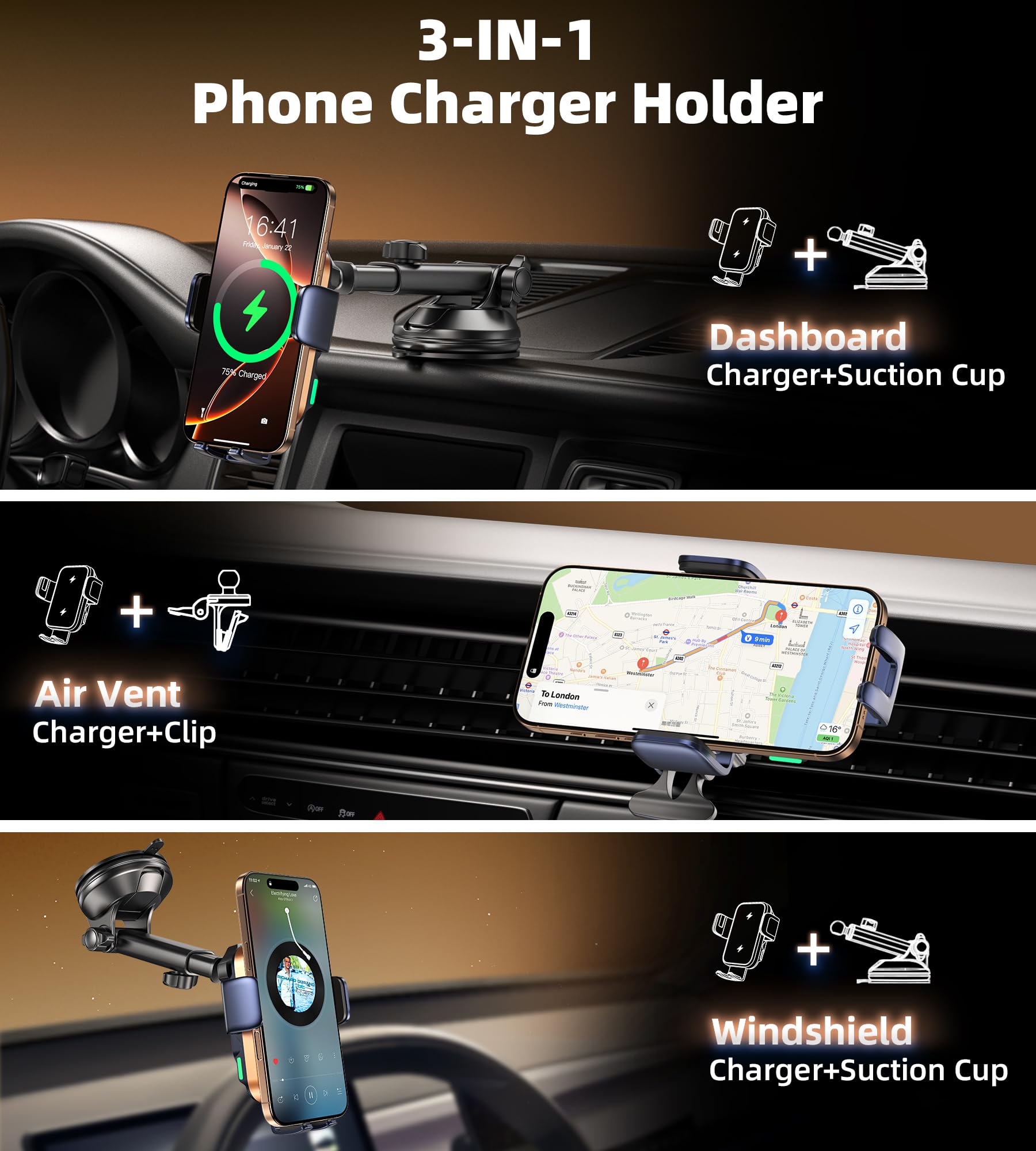 GuMosh Dual Coil Wireless Car Charger - Auto Clamping Phone Holder for Dash/Vent/Windshield - Compatible with iPhone 17/16/15/14, Prussian Blue