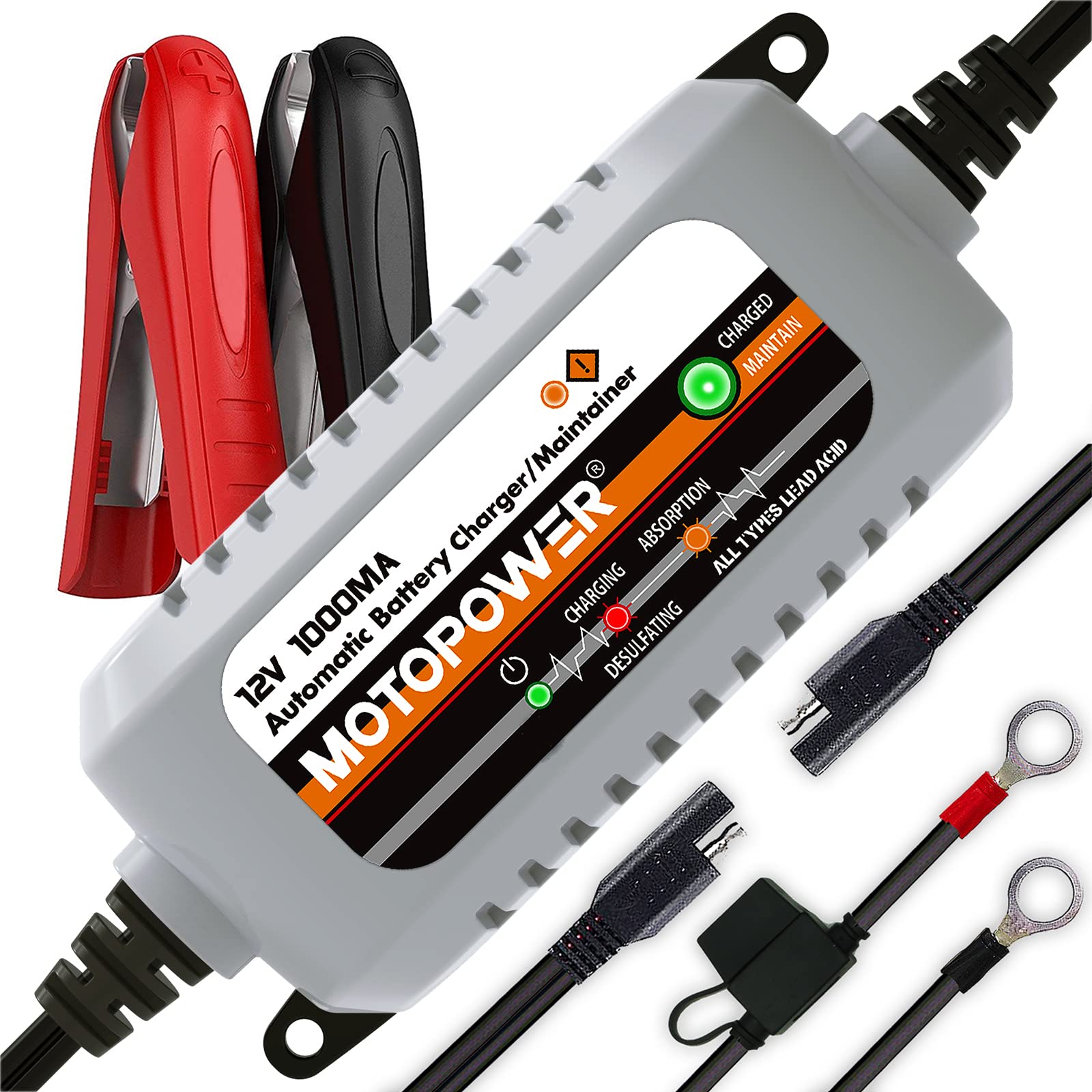 Motopower Mp00205B 12V 1000Ma Automatic Battery Charger, Battery Maintainer, Trickle Charger, And Battery Desulfator With Timer Protection - Grey