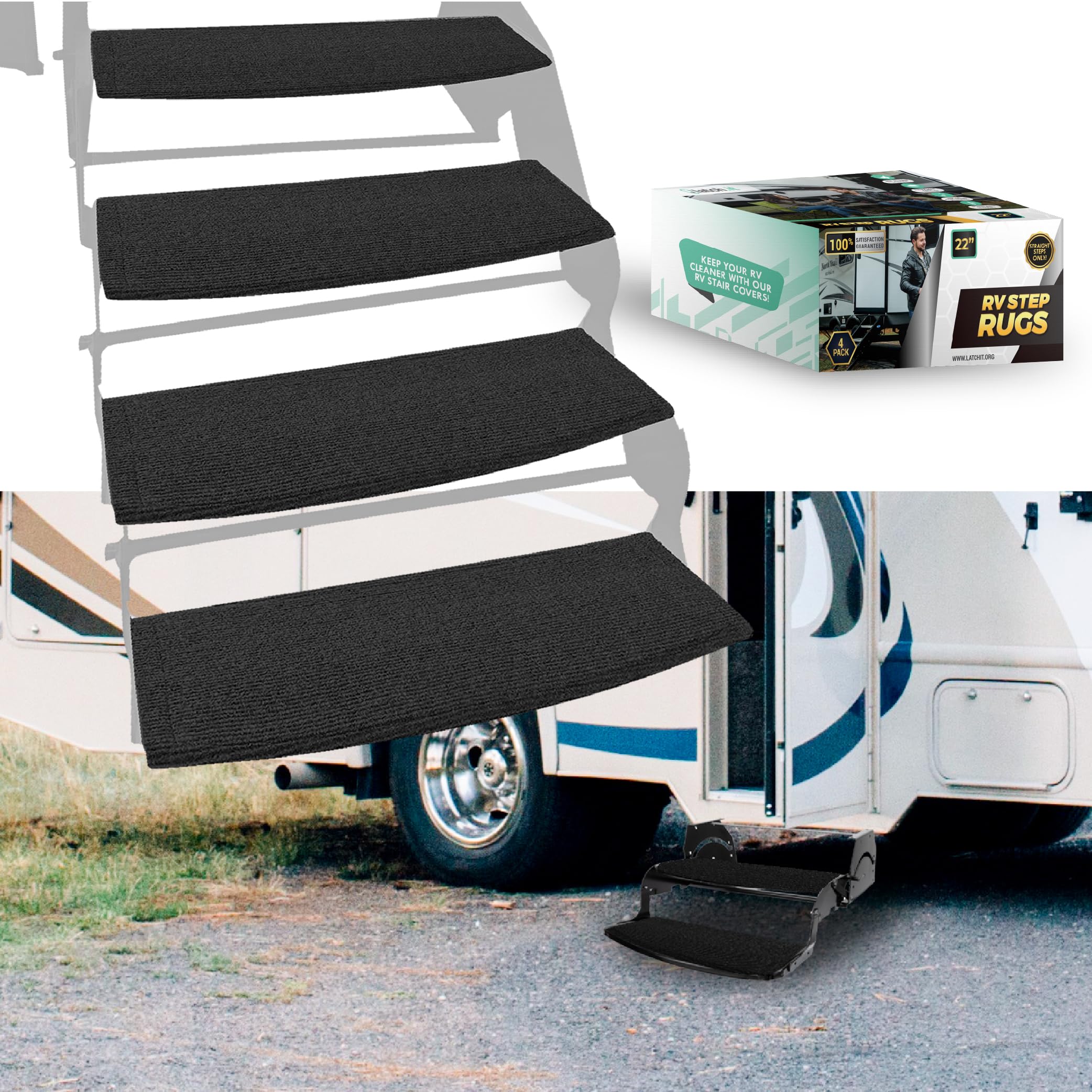 Latch.It Rv Step Covers 4 Pack | 22'' Wide Camper Step Carpet Covers | Radius Rv Step Covers | Radius Wraps Fit 8-11'' Deep Rv S