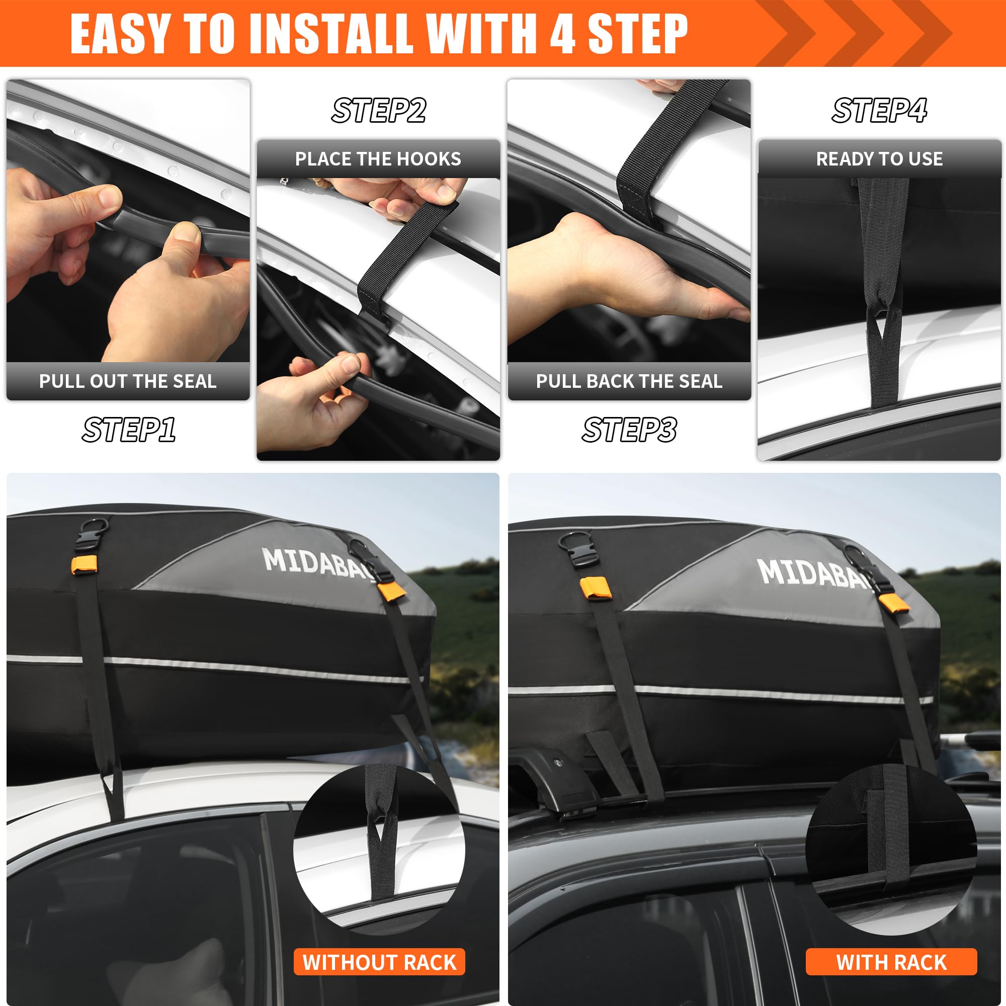 MIDABAO Waterproof Car Roof Top Carrier Bag, 12 Cubic Feet, Black, PVC Material, Includes Anti-Slip Mat, Model M-02