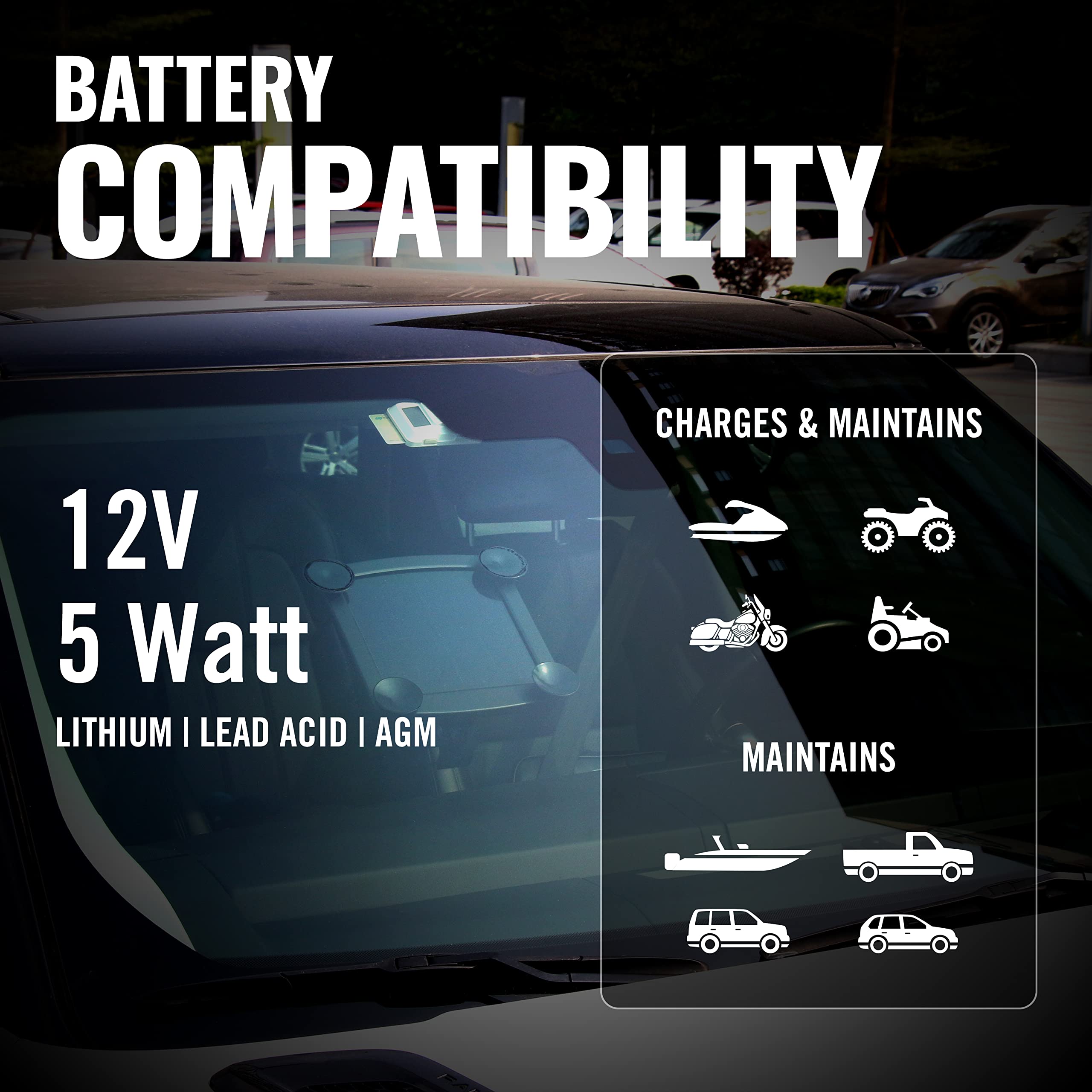 Battery Tender 5 Watt Solar Panel 12V Battery Charger with Charge Controller - IP67 Weatherproof - Windshield or Handlebar Mount