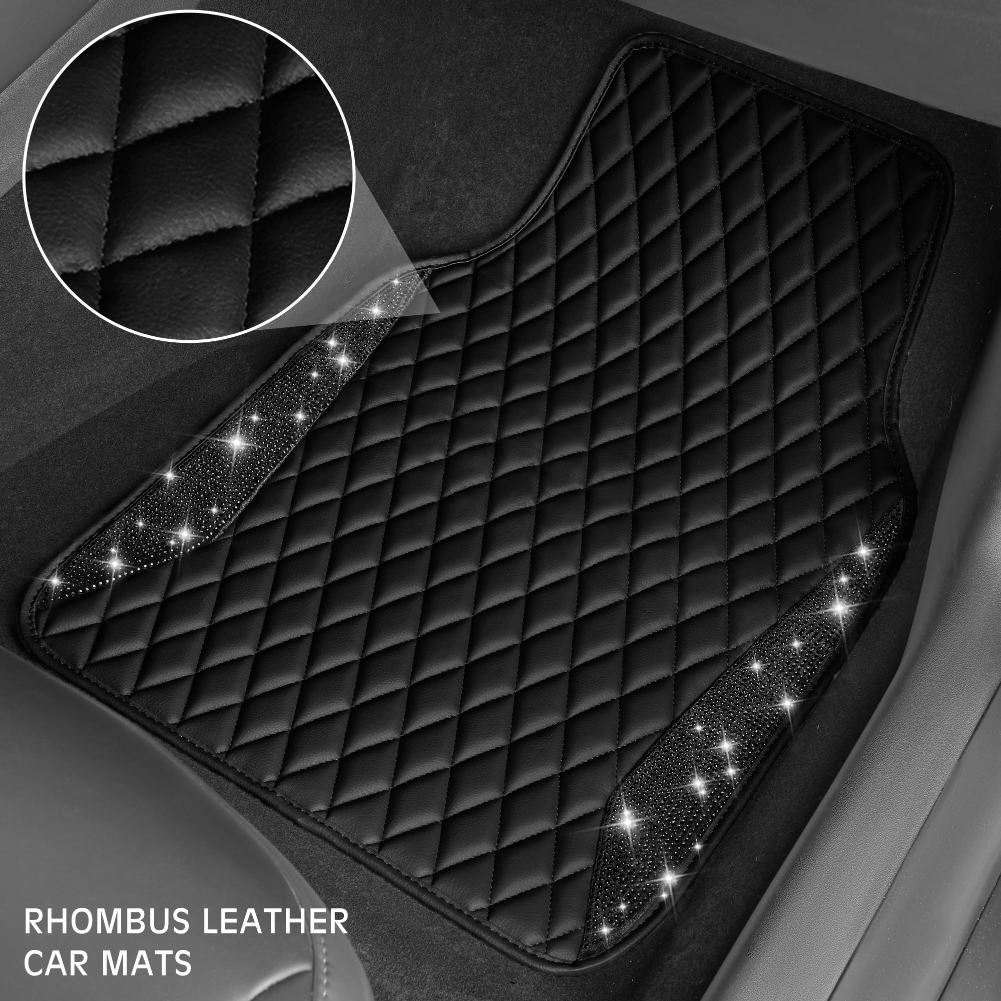 CAR PASS Bling Leather Car Mats, 5pcs Anti-Slip Waterproof Floor Mats, Black Diamond for SUV, Sedan, Van