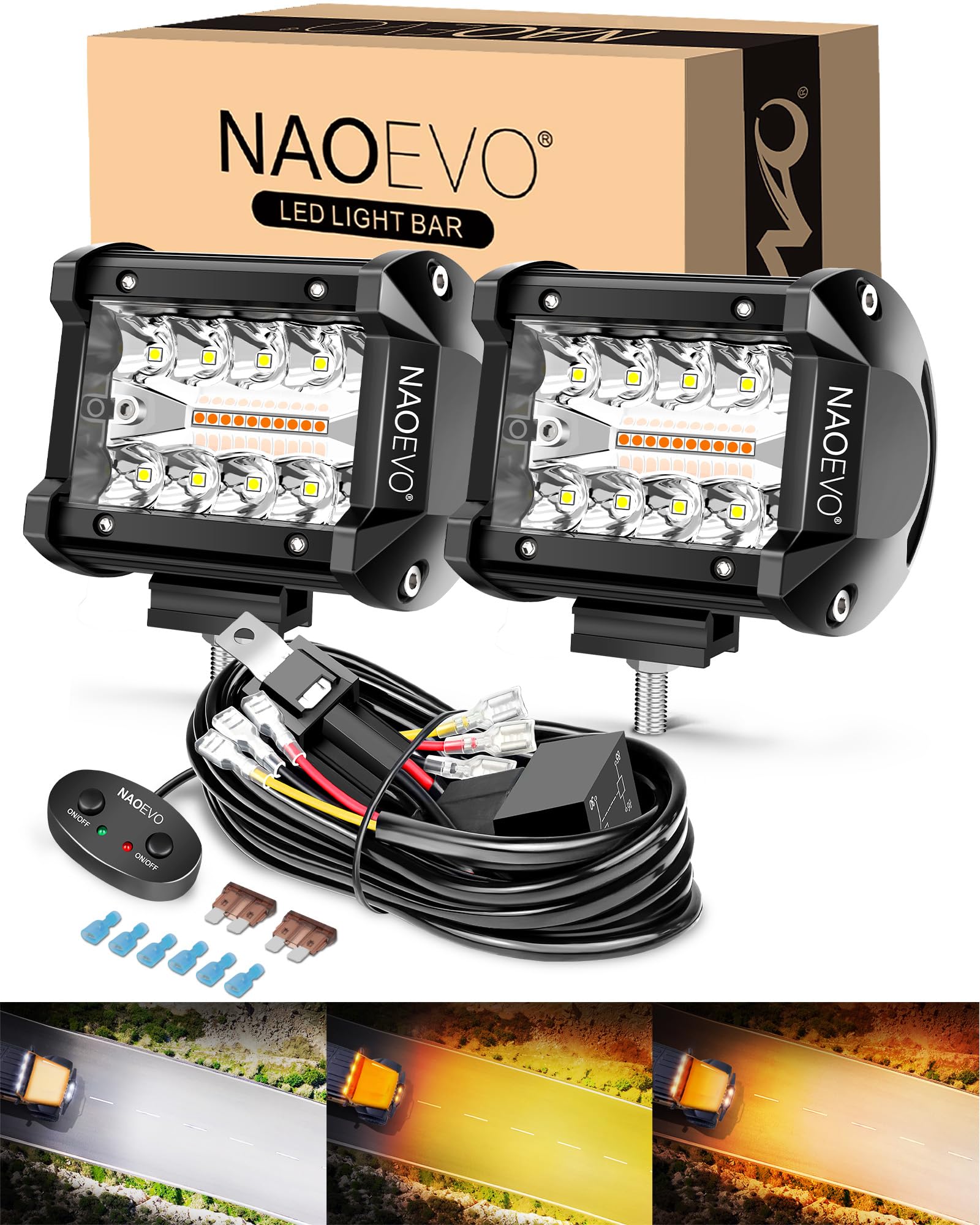 NAOEVO 4 Inch LED Pod Lights, Spot Flood LED Fog/Driving/Off Road Lights with 2 Leads Wiring Harness, Cube Pods for Truck Boat A