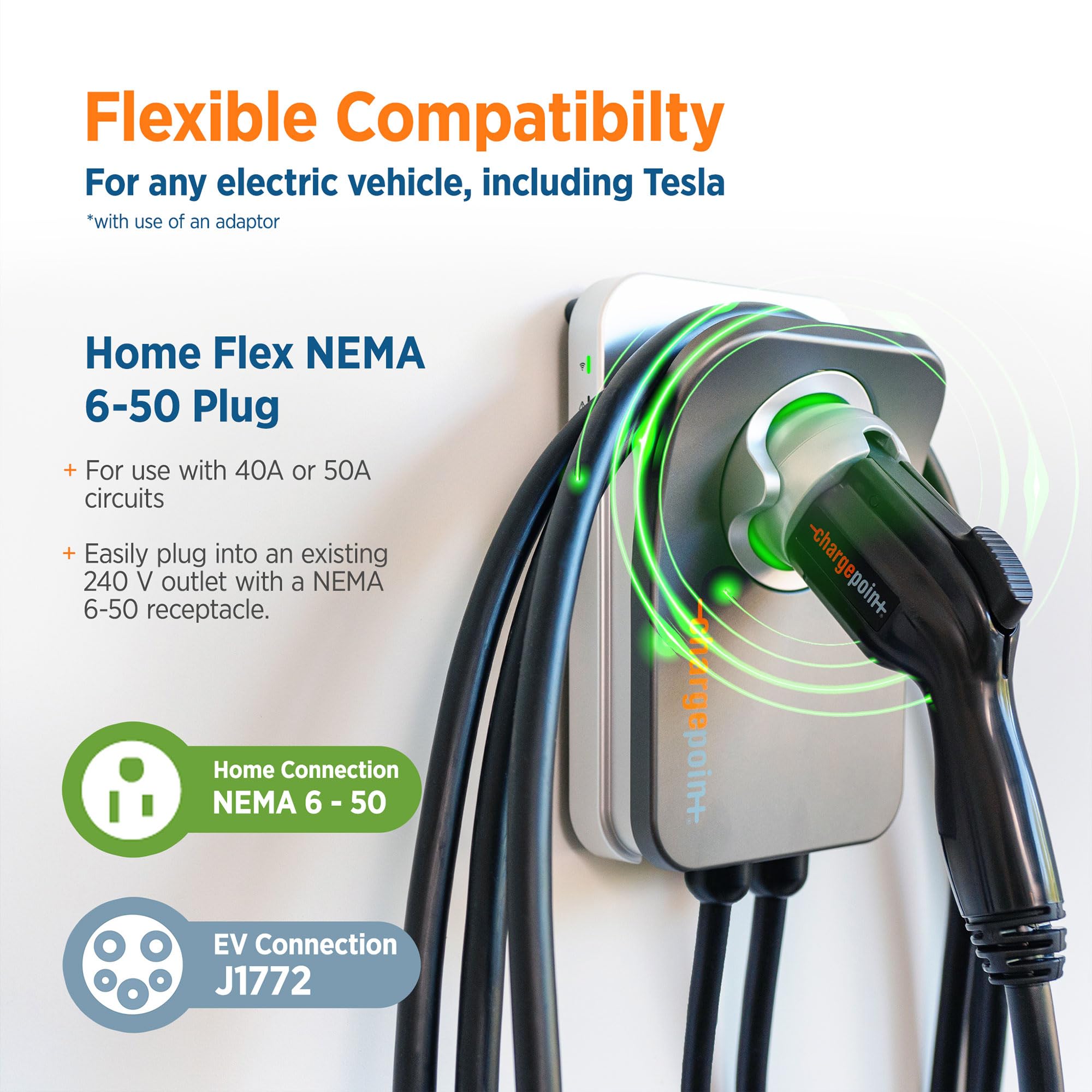 ChargePoint HomeFlex Level 2 EV Charger J1772, NEMA 6-50, Black, Fast Smart Charging for Electric Cars, Model CPH50-NEMA6-50-L23
