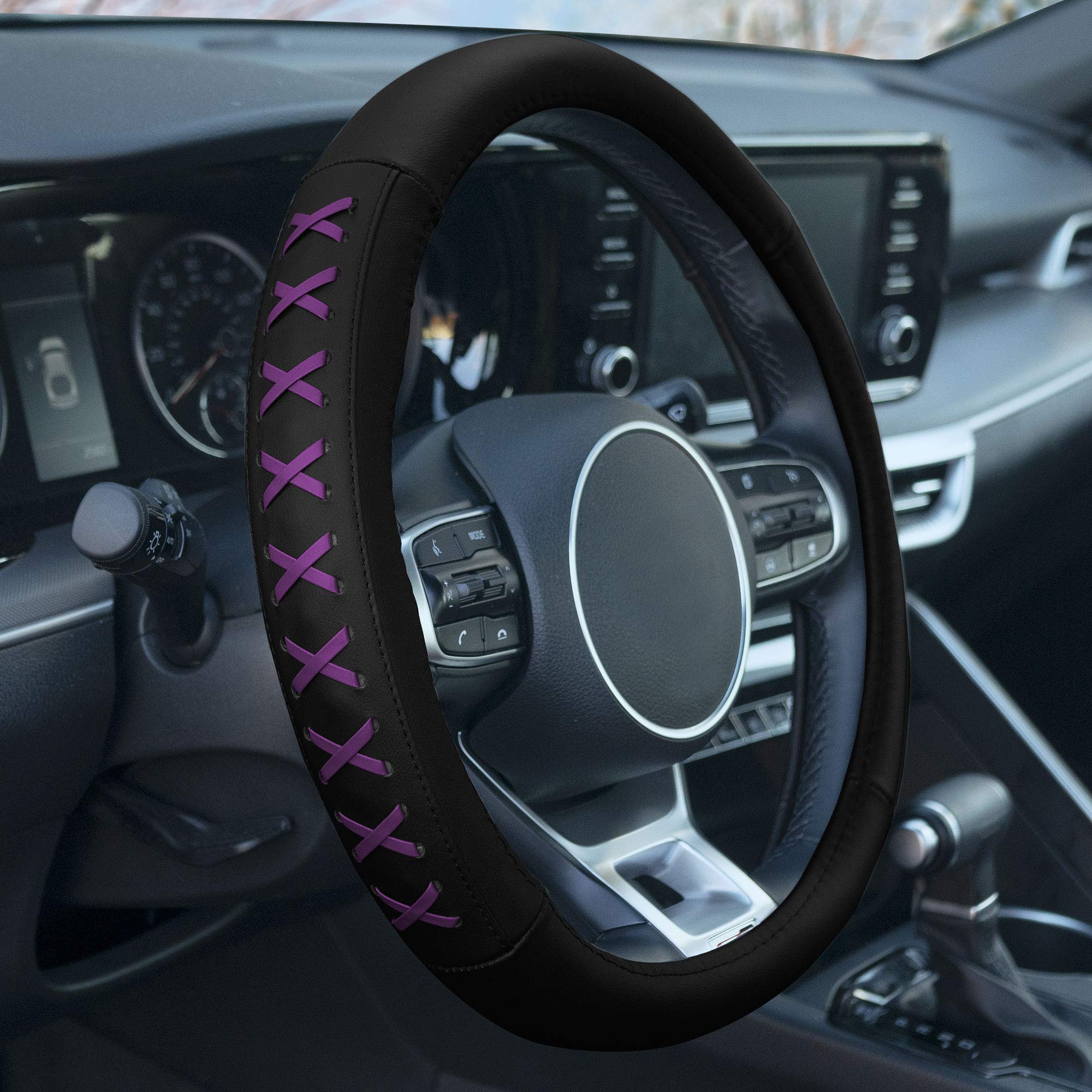 Fh Group Fh2022Purple Universal Fit 15 Inch Genuine Leather With Lace-Up Detailing Purple Steering Wheel Cover Fits Most Cars, S