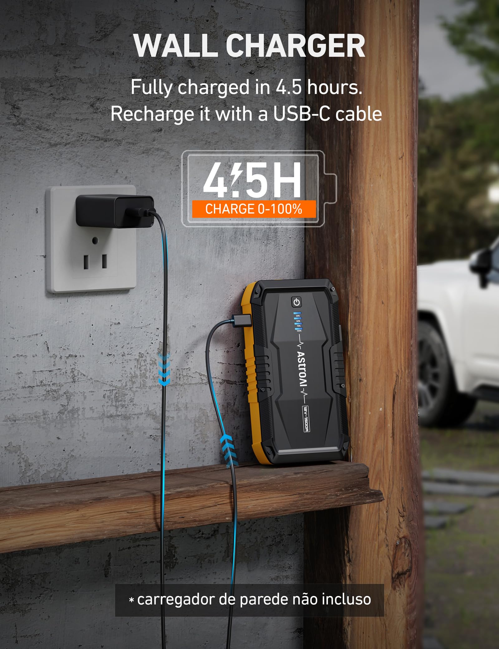 AstroAI S8 Car Battery Jump Starter - 1500A Portable Jump Box for 6.0L Gas & 3.0L Diesel Engines, Yellow with Flashlight & Jumper C