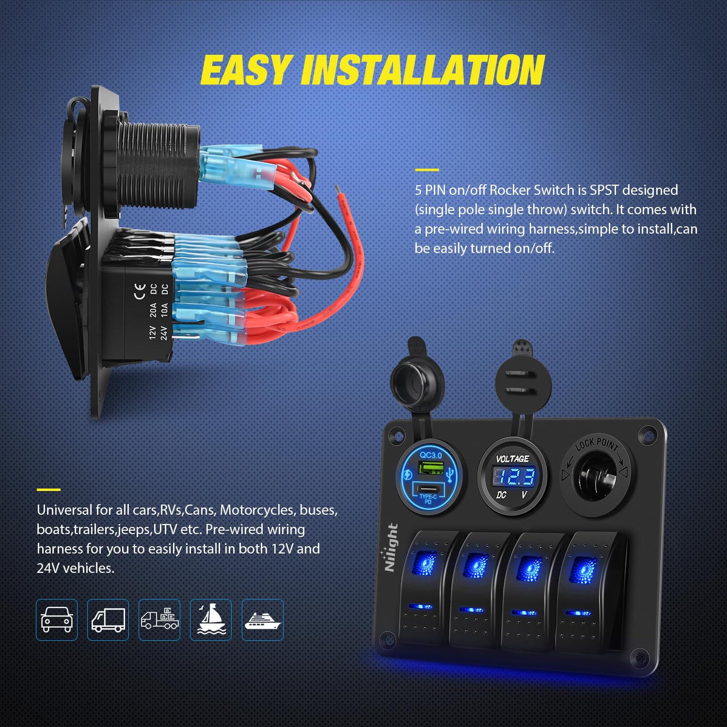 Nilight 4 Gang Rocker Switch Panel Waterproof Pre-Wired Aluminum with PD Type C and USB Cigarette Lighter Socket Voltmeter 12V 2