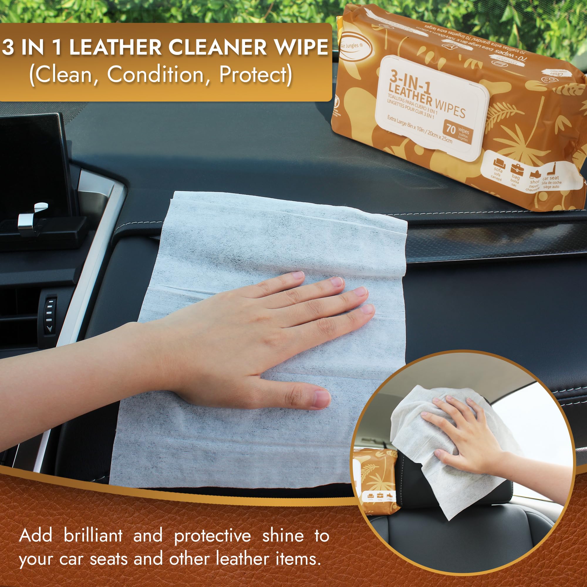 Air Jungles 3in1 Leather Cleaner Wipes - Extra Large 8" x 10", 70 Count, Ideal for Vinyl, Furniture, Auto Interior, Shoes, and Bags
