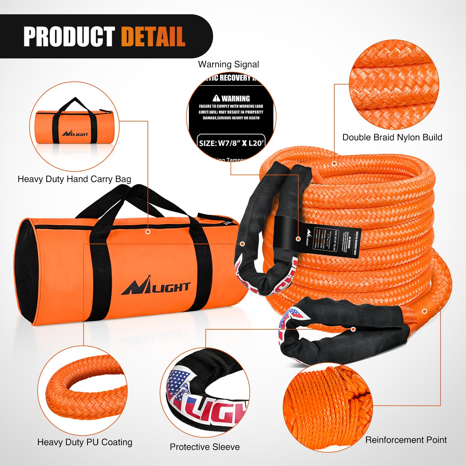 Nilight Kinetic Recovery Rope 28,600LBS 7/8'' x 20ft Snatch Strap Heavy Duty Offroad Towing Strap Kit Vehicle Recovery kit for U