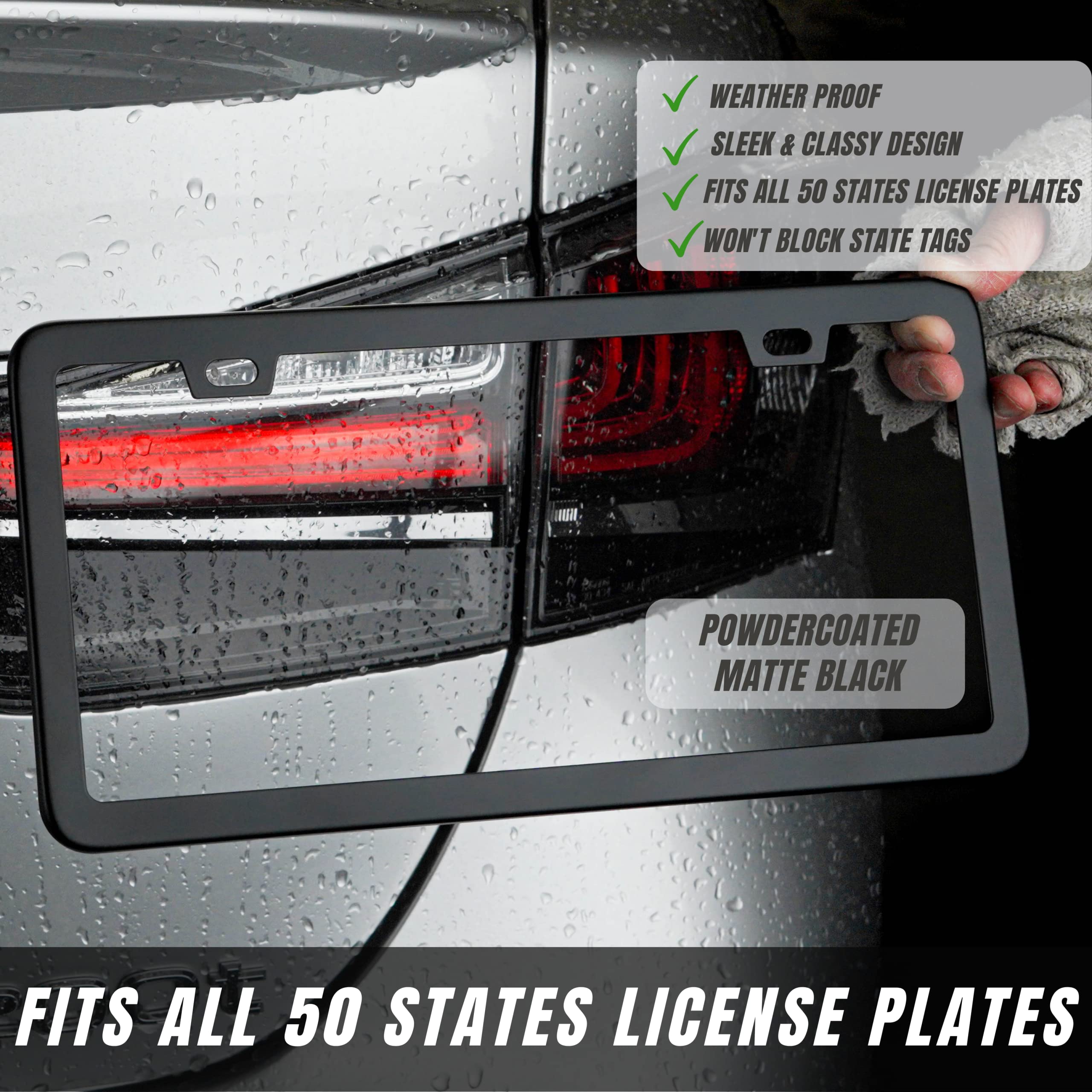 Sunplustrade License Plate Frame Black Matte Powder Coated Aluminum With Screw Caps (2 Pieces)