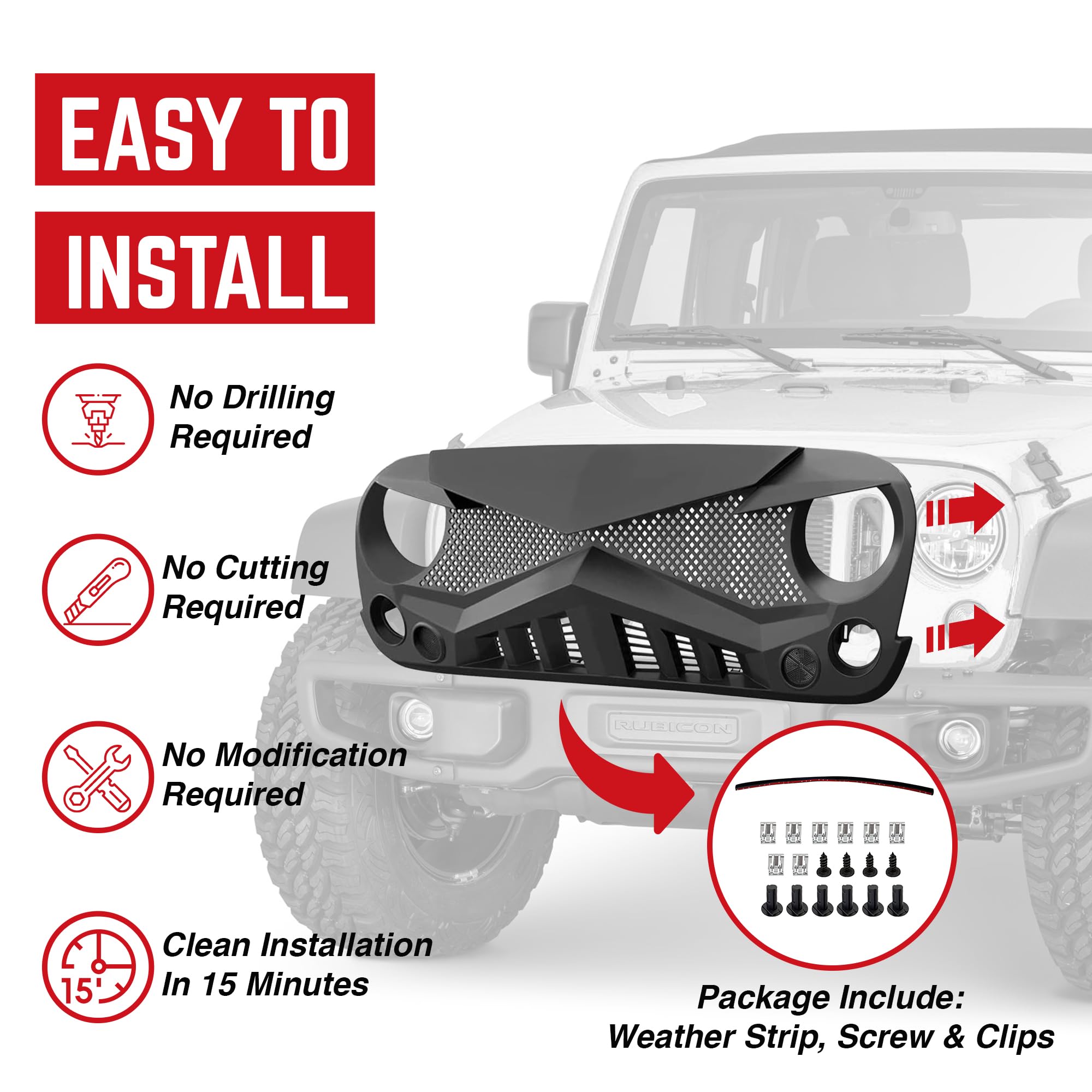 AM AMERICAN MODIFIED Hawke Front Grille Cover for Jeep Wrangler JK/JKU 2007-2018, Matte Black, Durable Plastic, Model AMJPAA00114