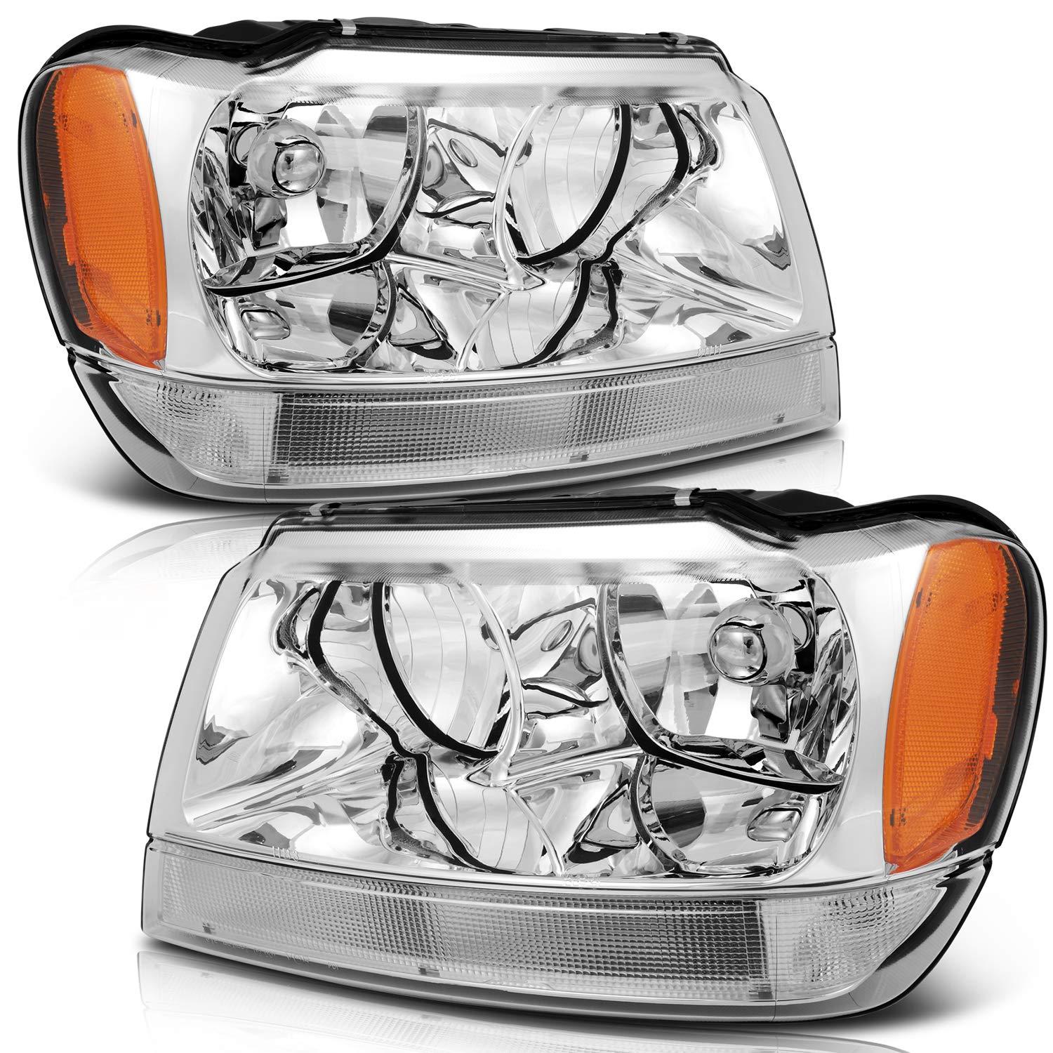 OCPTY Headlight Assembly Pair Replacement For Jeep Grand Cherokee 1999-2004 Chrome Housing Amber Reflector Clear Lens Driver Pas