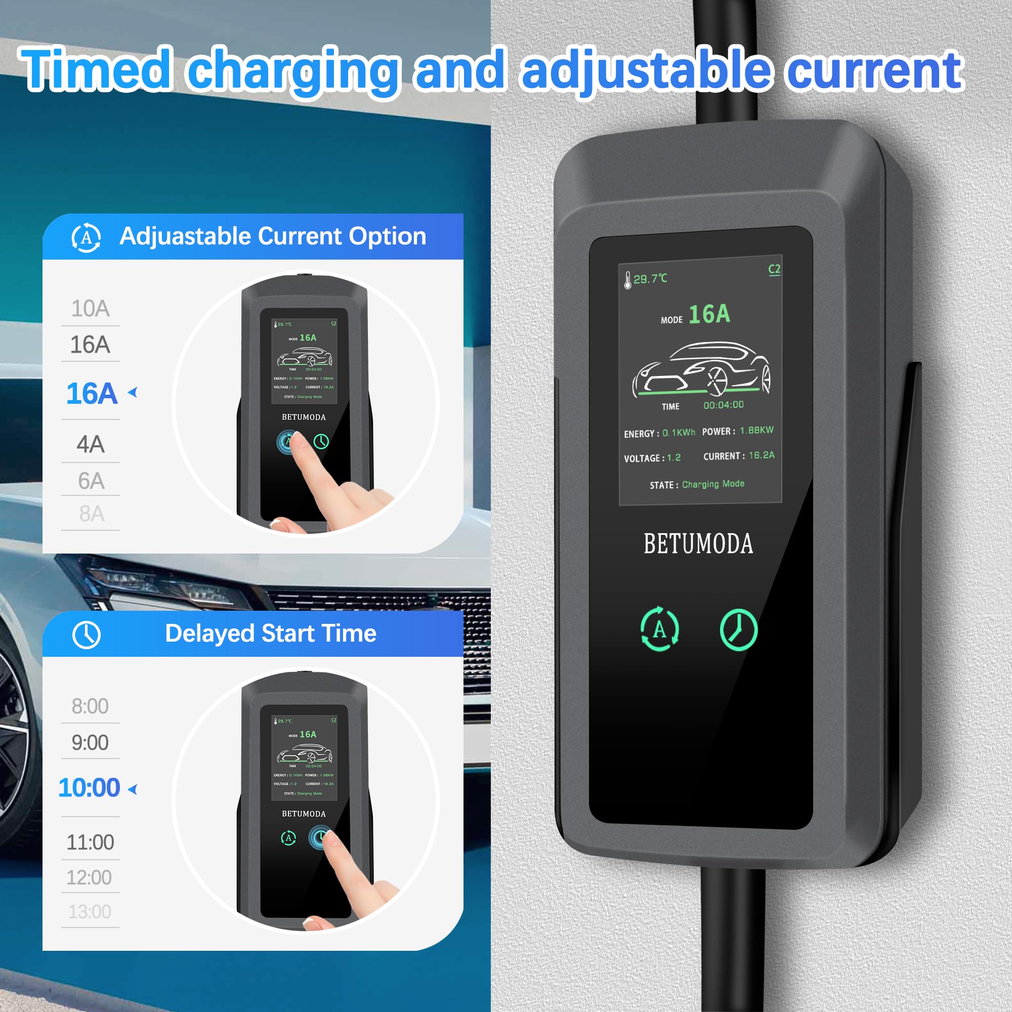 Level 1&2 EV Charger, 16Amp, Portable Charger for Home/Outdoor, 25FT Cable 110V-240V, J1772 Electric Cars, Charging Stations, Cu