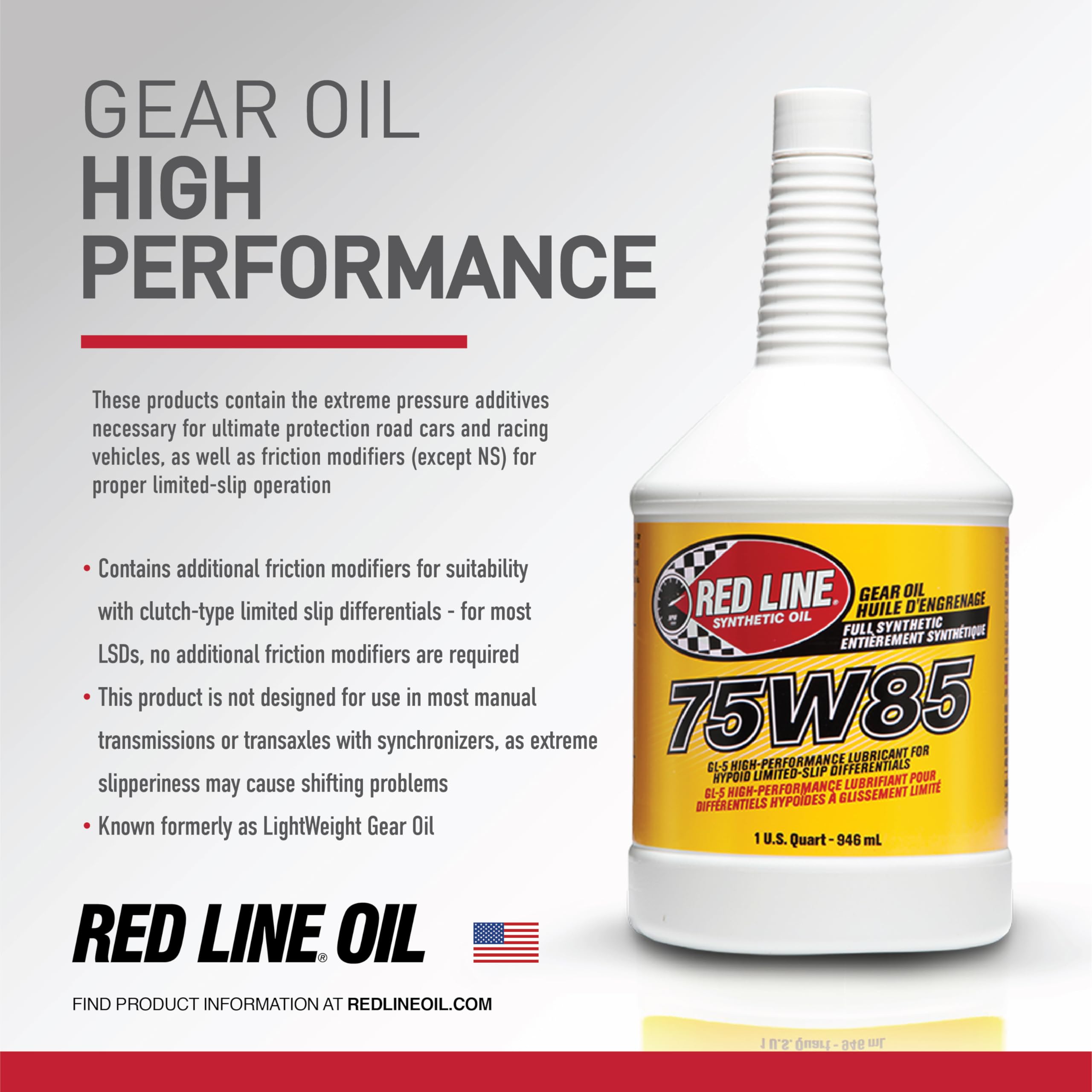 Red Line 50104 75W85 Gl-5 Full Synthetic Gear Oil For Hypoid Limited Slip Differentials - 1 Quart