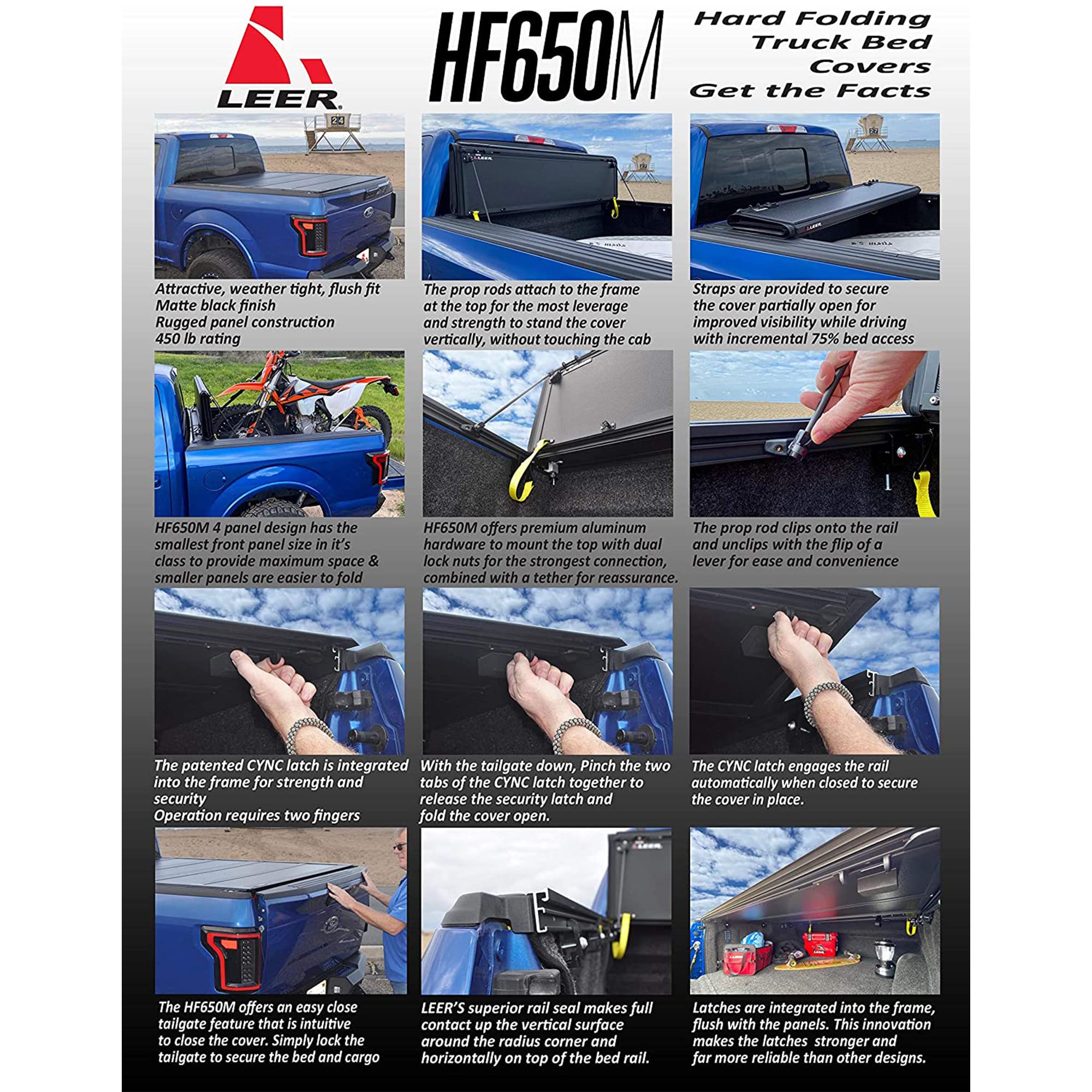 Leer Hf650M Quad-Folding Truck Bed Tonneau Cover, Fits Toyota Tacoma With Track System, Years 2016-2023, 5'2 Truck Bed, Black